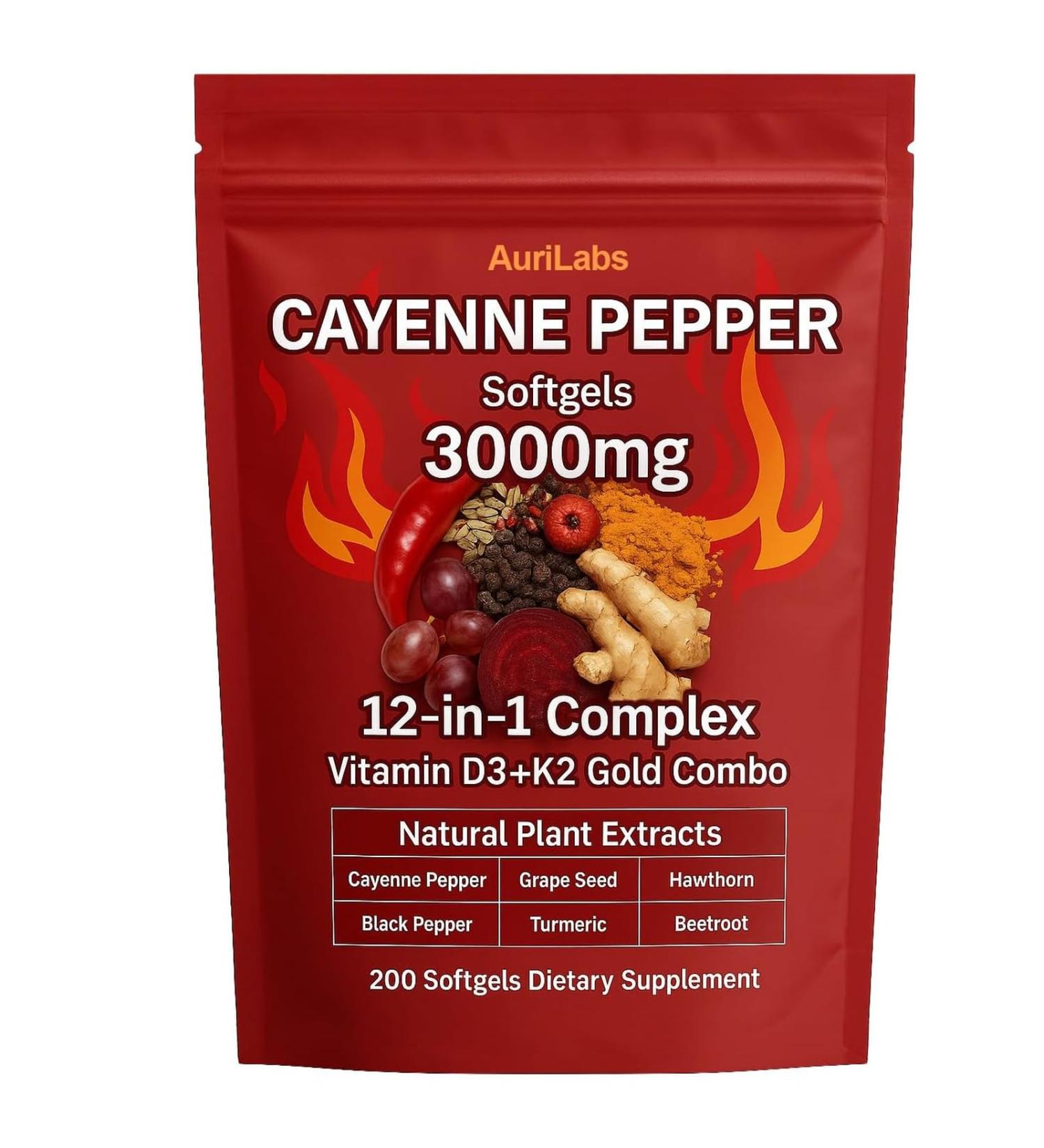 EILTEAU AuriLabs Cayenne Pepper Softgels Supplement Supports Leg Vein Heart and Blood Vessel Health with Vitamin E D3+K2 and Extracts of Grape Seed Hawthorn Beetroot and Others (1) - Buy Online on GoSupps.com