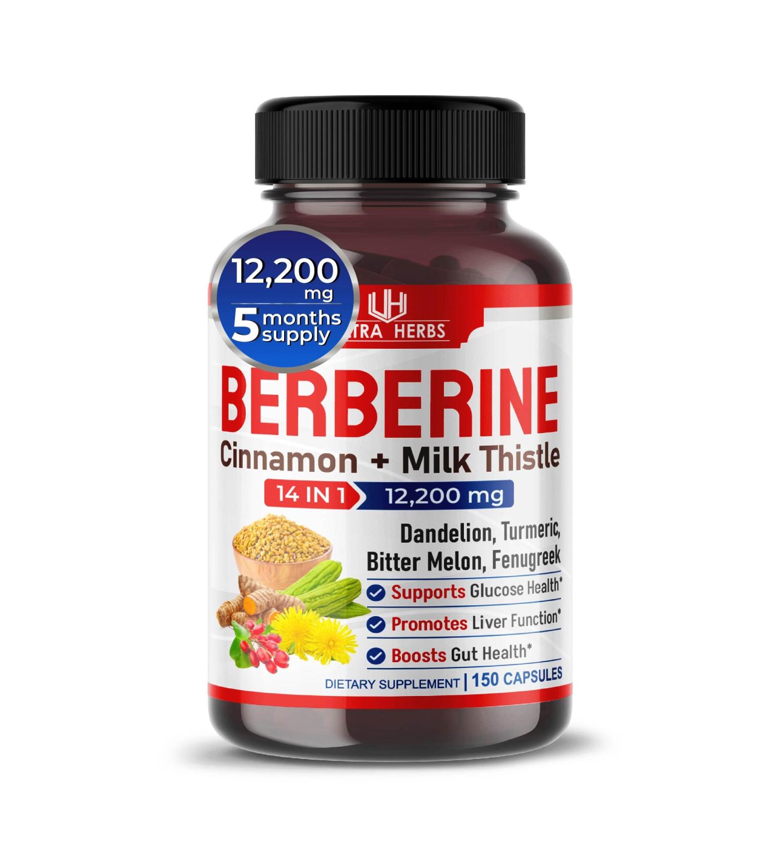ULTRA HERBS Premium Berberine 1200MG with Cinnamon Milk Thistle - USA Made & Tested - Promotes Liver Function, Gut Health & Immunity - 150 Count - Buy Online on GoSupps.com