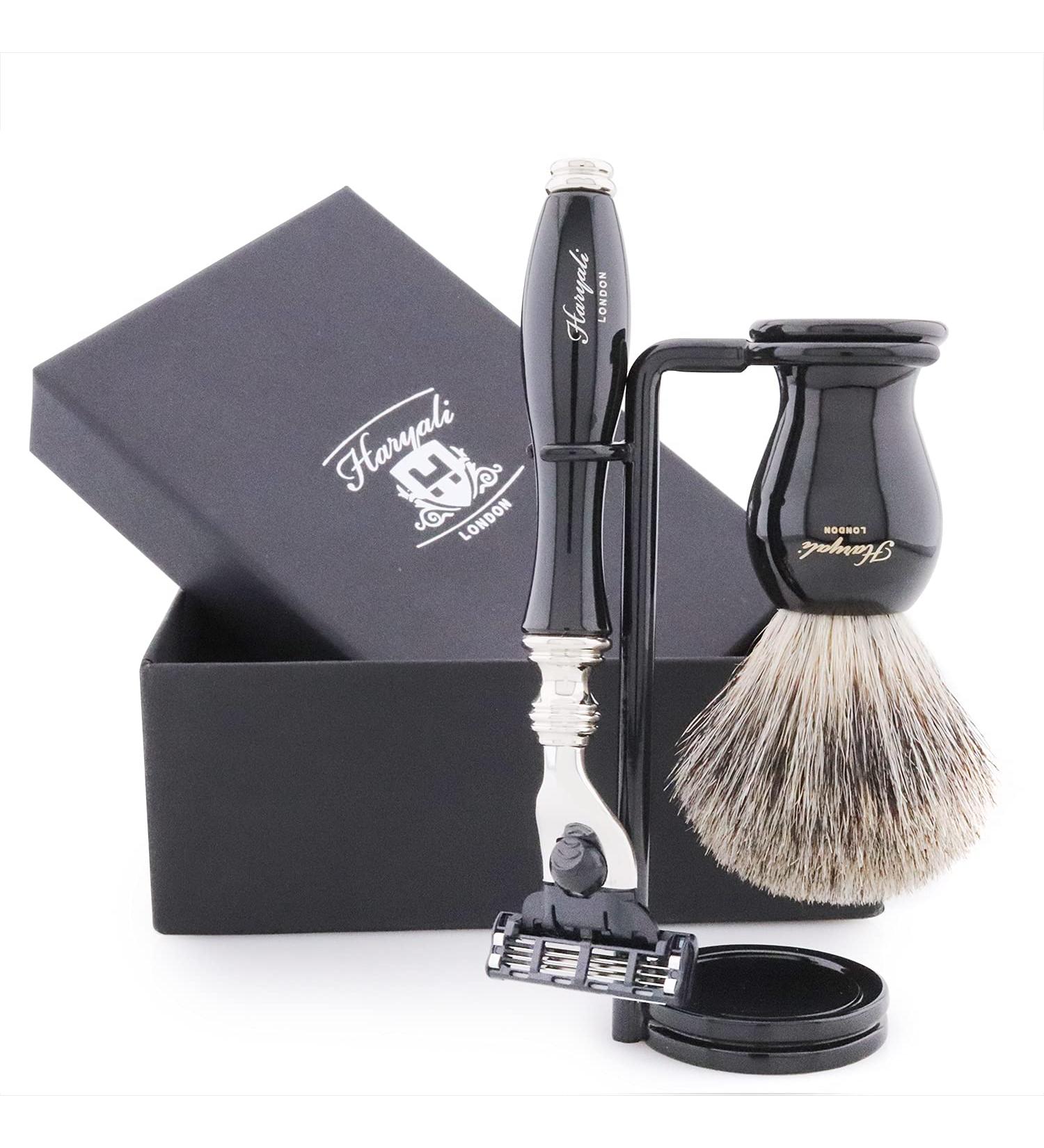 Premium 3 Edge Safety Razor Set with Black Badger Hair Brush & Stand - Ultimate Men's Shaving Kit for a Close Comfortable Shave - International Shipping Available - Buy Online on GoSupps.com