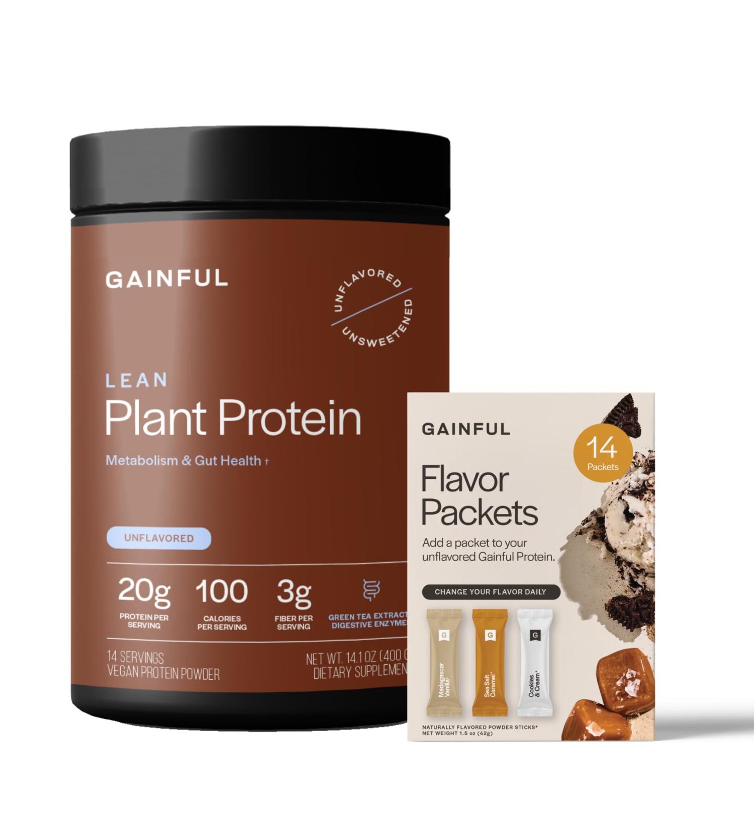 Gainful Lean Plant Protein Powder & Sweet Treat Flavor Bundle 20g Plant Protein Supports Lean Muscle Metabolism & Satiety with Green Tea Extract Vegan 14 Servings + 14 Flavor Sticks - Buy Online on GoSupps.com