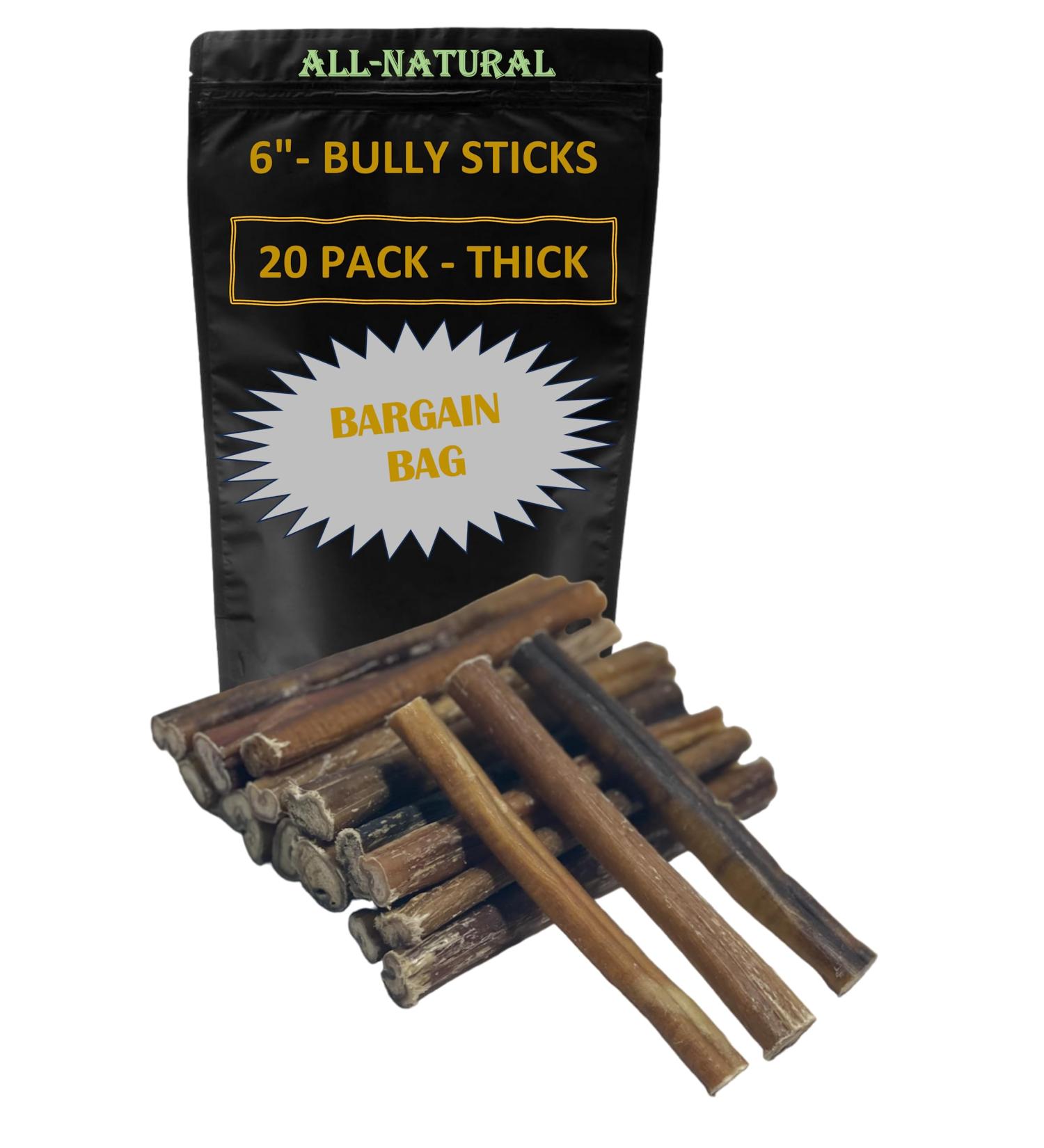 Bully Sticks - 6" Thick - 20 Pack - Bargain Bag - Long Lasting - Wholesale Prices - Premium Single Ingredient Dog Chew - All Natural - Dental Chew - Fully Digestible - Buy Online on GoSupps.com