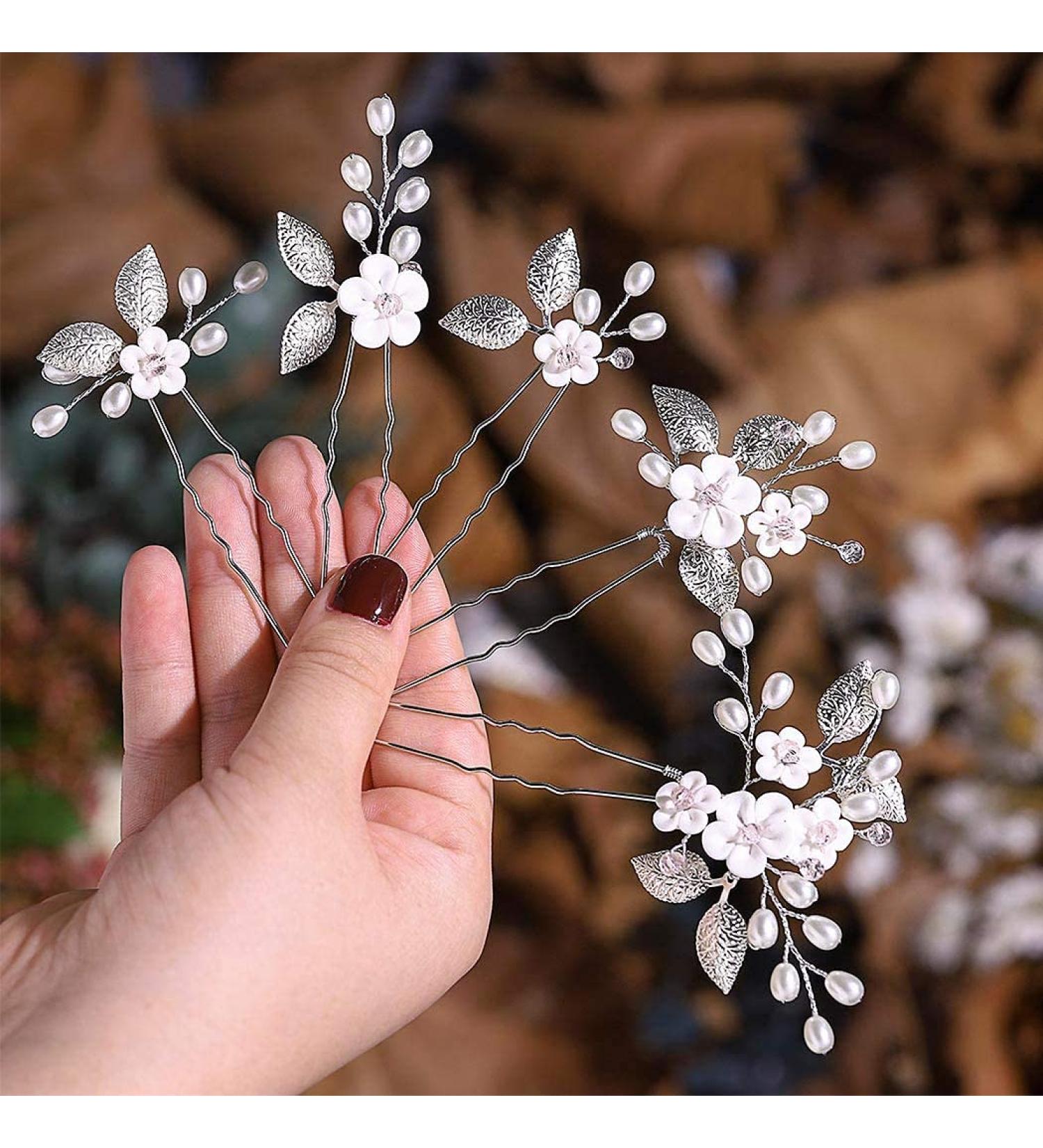 Edary Bridal Wedding Flower Hairpins - Pearl Jewelry & Silver Hair Clips for Women & Girls (5 Pack) | International Shipping - Buy Online on GoSupps.com