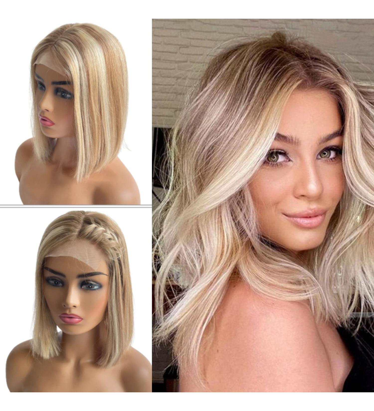 Belaved Ombre Blonde Highlight Brown Bob Wig 14 | Brazilian Remy Human Hair 4x1 Lace Front | Natural Hairline | Glueless 150% Density - Buy Online on GoSupps.com