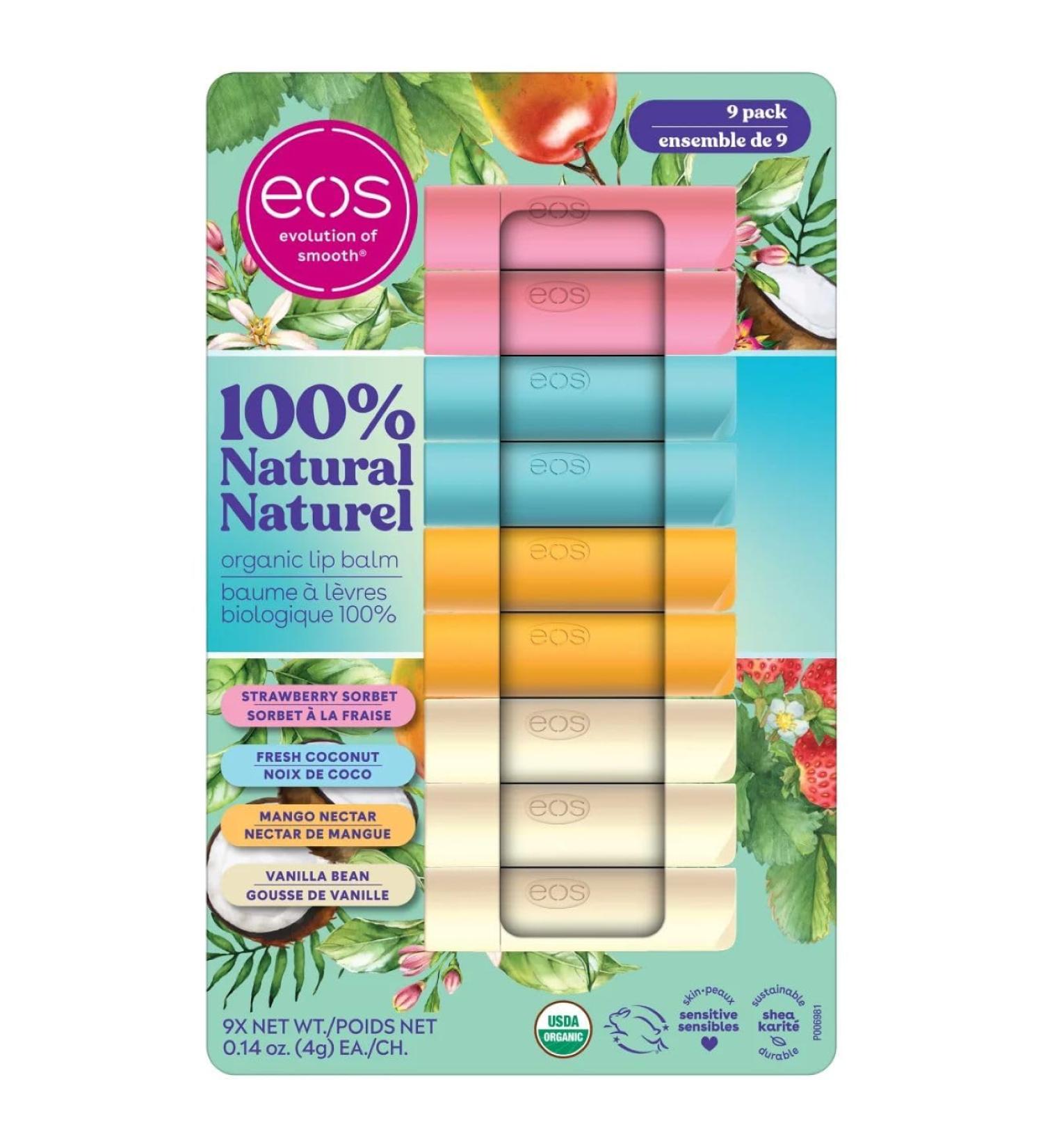 Eos Natural and Organic Shea Lip Balm Stick 9-pack 2 strawberry sorbet 2 fresh coconut 2 mango nectar and 3 vanilla bean.