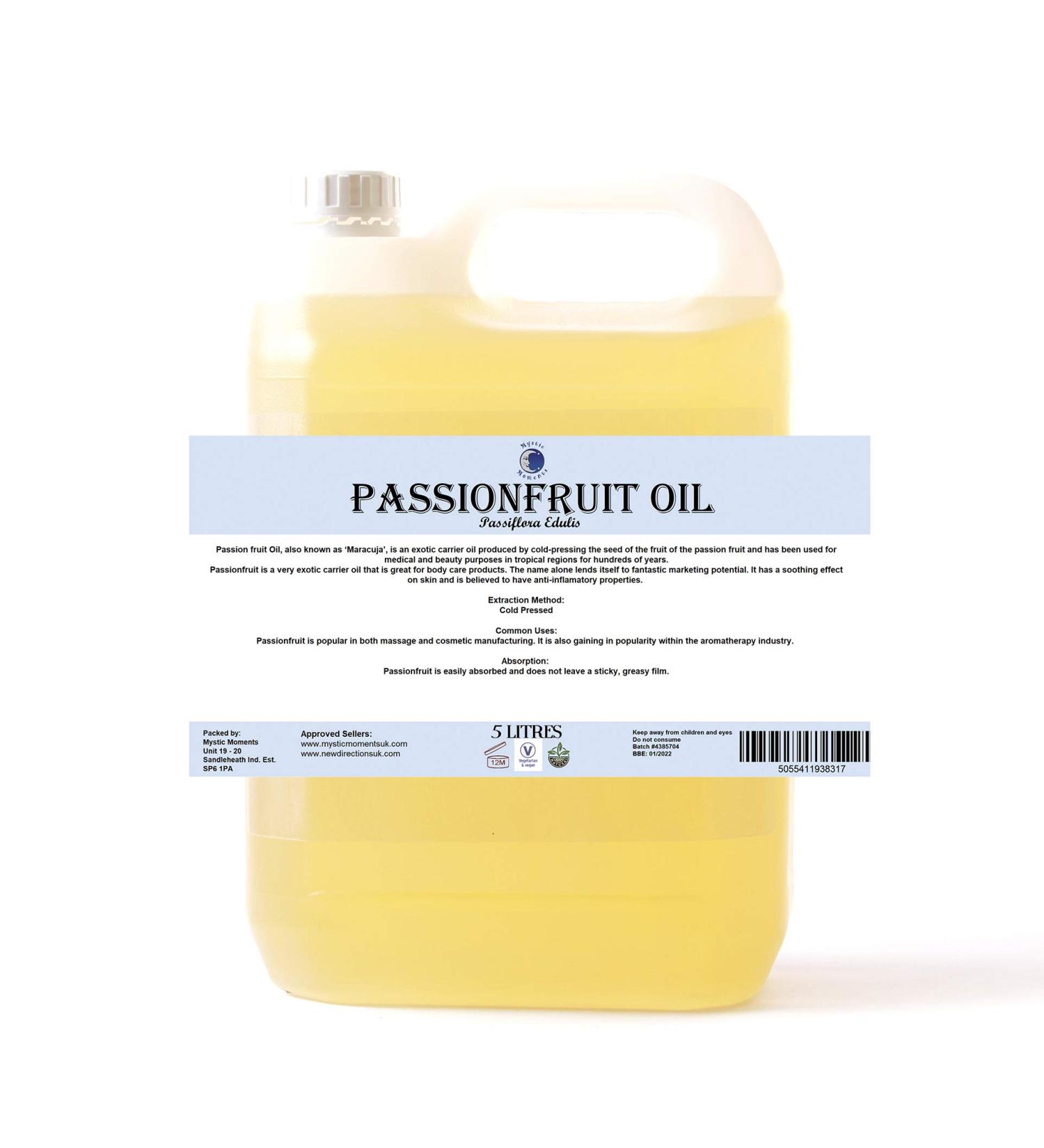 Mystic Moments Passion Fruit Jungfrau Carrier Oil 5L - Pure Natural Oil for Hair Face Nails Aromatherapy & Vegan Massage - Buy Online on GoSupps.com