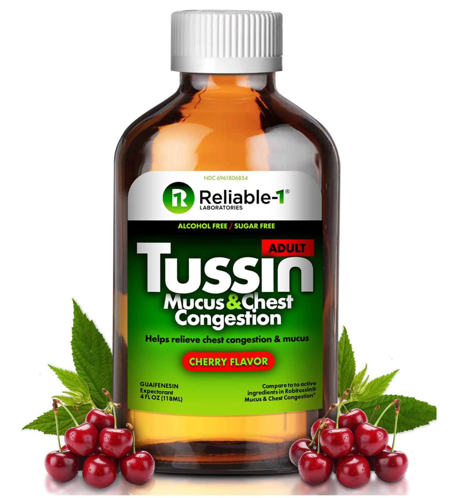 Reliable-1 Laboratories Tussin: Adult Strength Mucus & Chest Congestion Relief - Alcohol & Sugar Free Guaifenesin Liquid - Natural Cherry Flavor - Buy Online on GoSupps.com