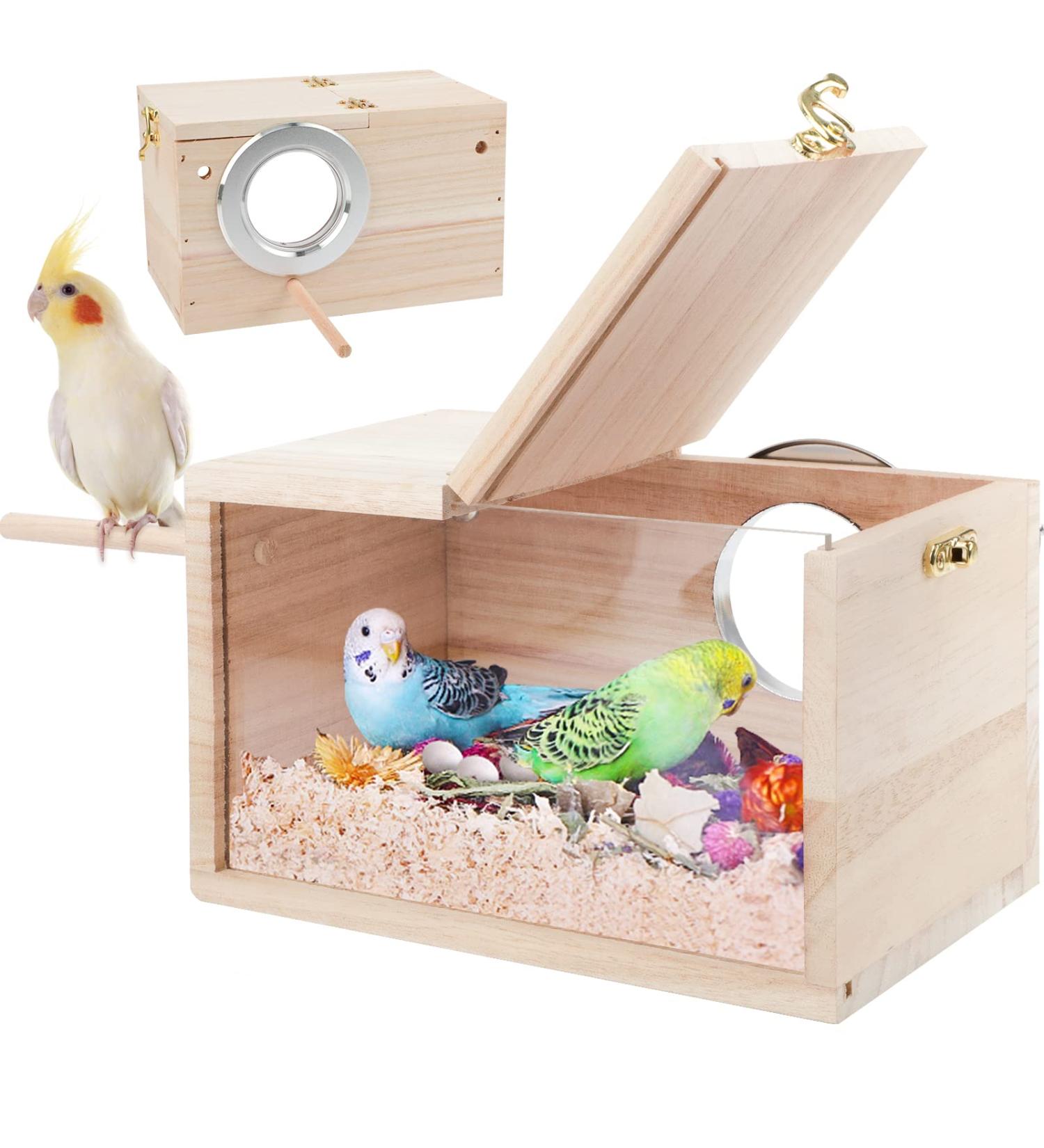RANYPET Transparent Budgie Nesting Box with Perch | Wood Bird Cage House for Lovebirds, Budgies, Finch | 12x12x19.5 cm - Buy Online on GoSupps.com