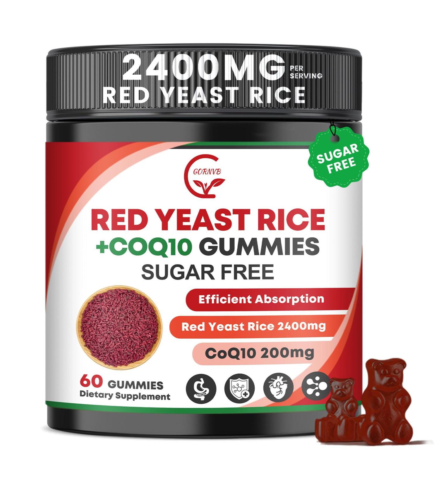 GORNVB Red Yeast Rice with Coq10 Gummies Red Yeast Rice 2400 mg with CoQ10 200 mg for Cholesterol Lowering Supplements Sugar Free Non-GMO Vegan Heart Health Support 60 Counts - Buy Online on GoSupps.com