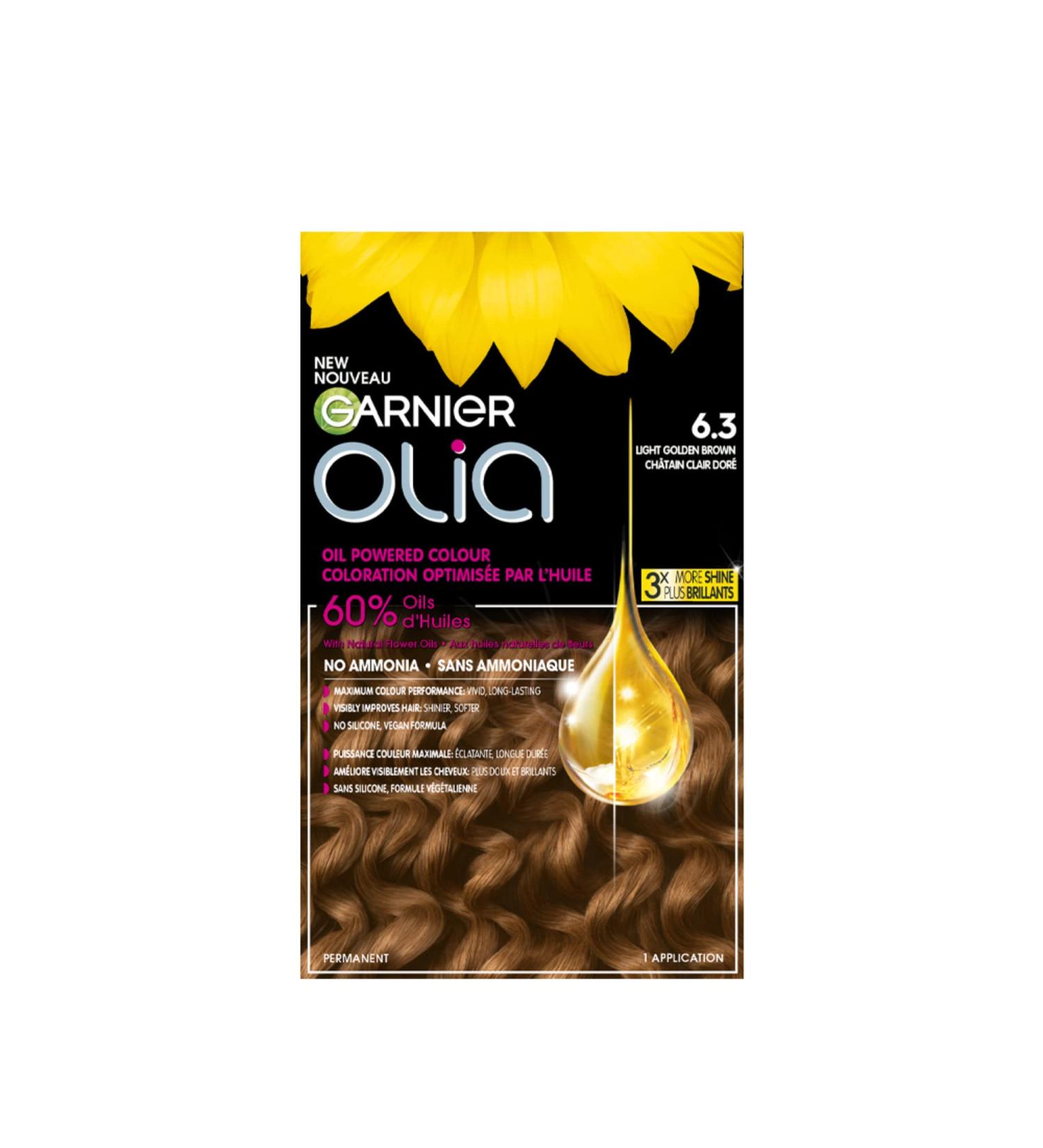 Garnier Olia Permanent Hair Dye Ammonia-Free Hair Color 6.3 Light Golden Brown Long-Lasting Hair Shine With 60% Oils 1 Application BROWN SHADES 6.3 Light Golden Brown - Buy Online on GoSupps.com