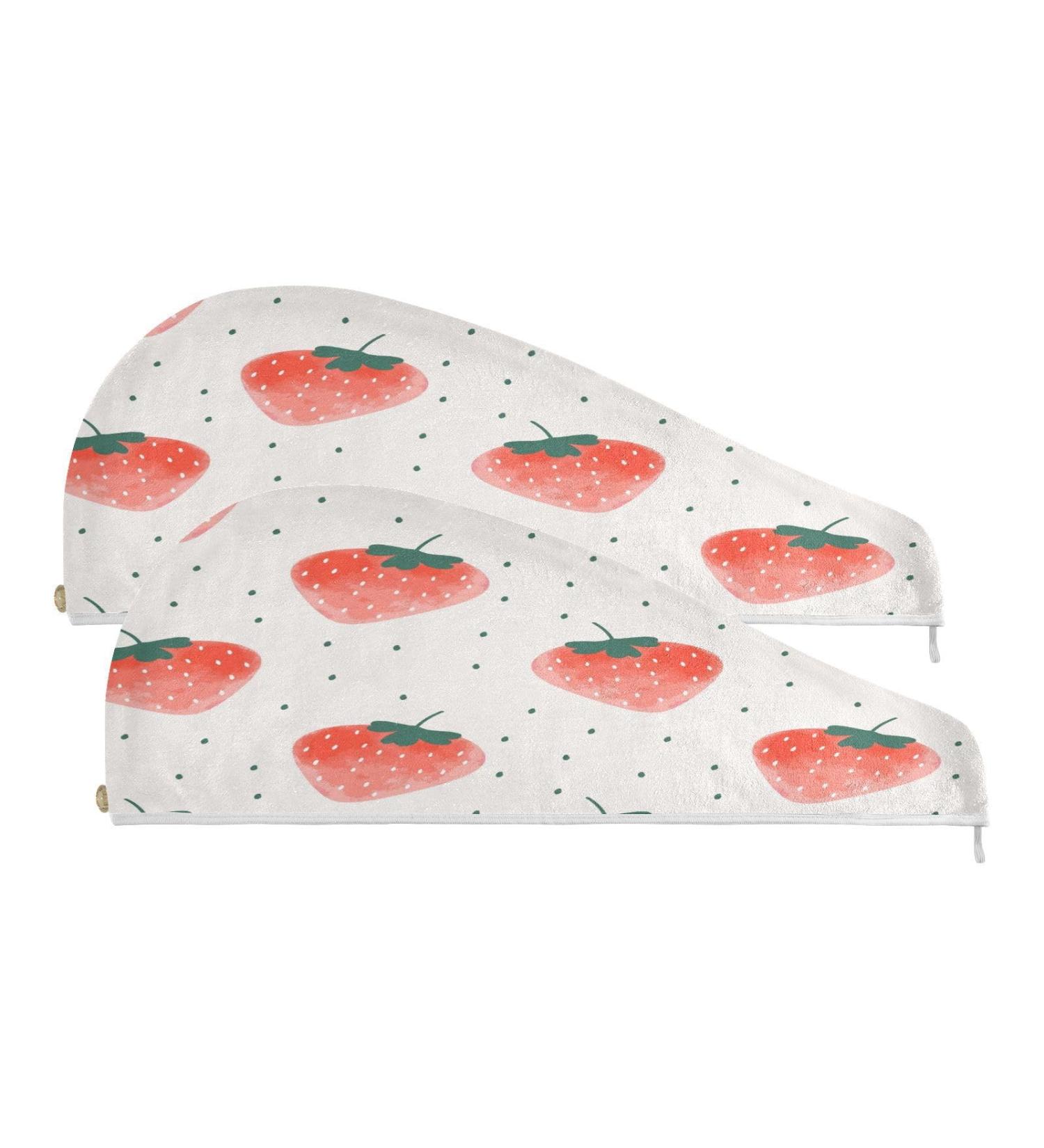 Watercolor Strawberry Dry Hair Cap & Towel Set | Quick Dry Soft Super Absorbent - 2 Piece with Button Headband - Buy Online on GoSupps.com