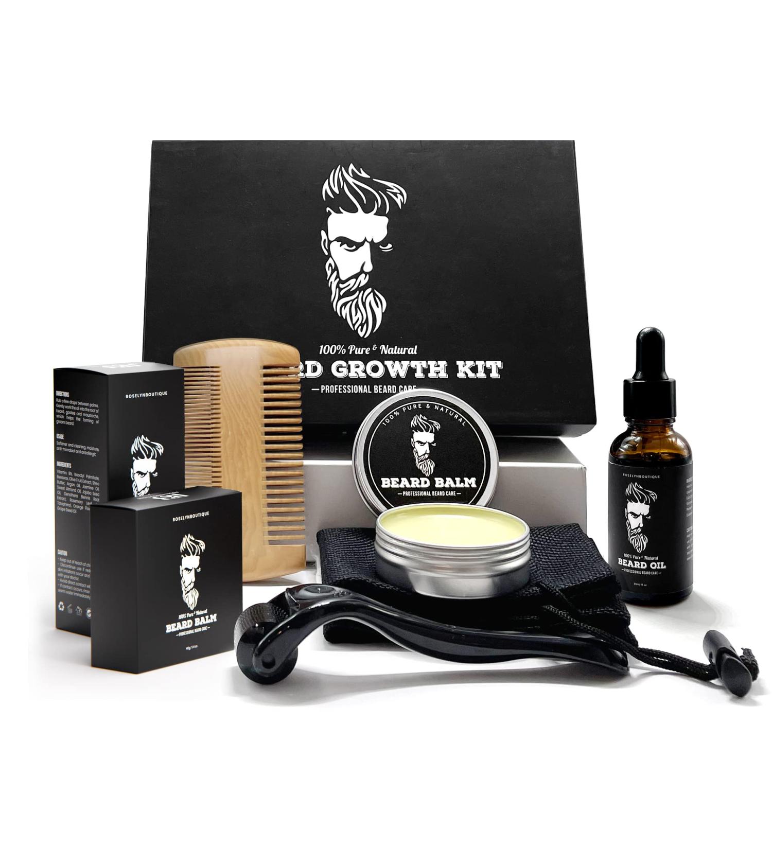 ROSELYNBOUTIQUE Beard Growth Kit for Men - 5 Piece Set for Beard Gift, Anniversary, Birthdays - Includes Oil, Balm, Comb, Roller, Bag - Buy Online on GoSupps.com