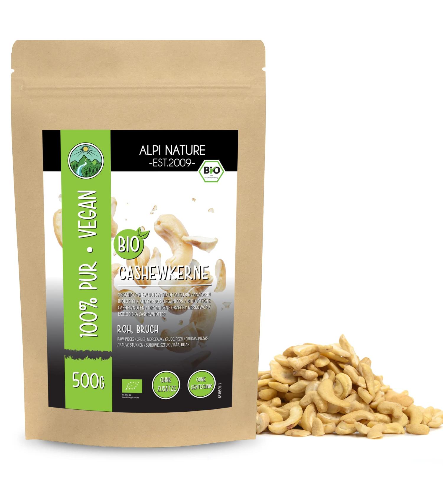 Organic raw Cashew Nuts Organic Cashew Nuts in Pieces from Certified Organic Farming Gluten-Free Lactose-Free Laboratory-Tested Vegan 100% Natural Cashew Nuts with no additives (500 GR) - Buy Online on GoSupps.com