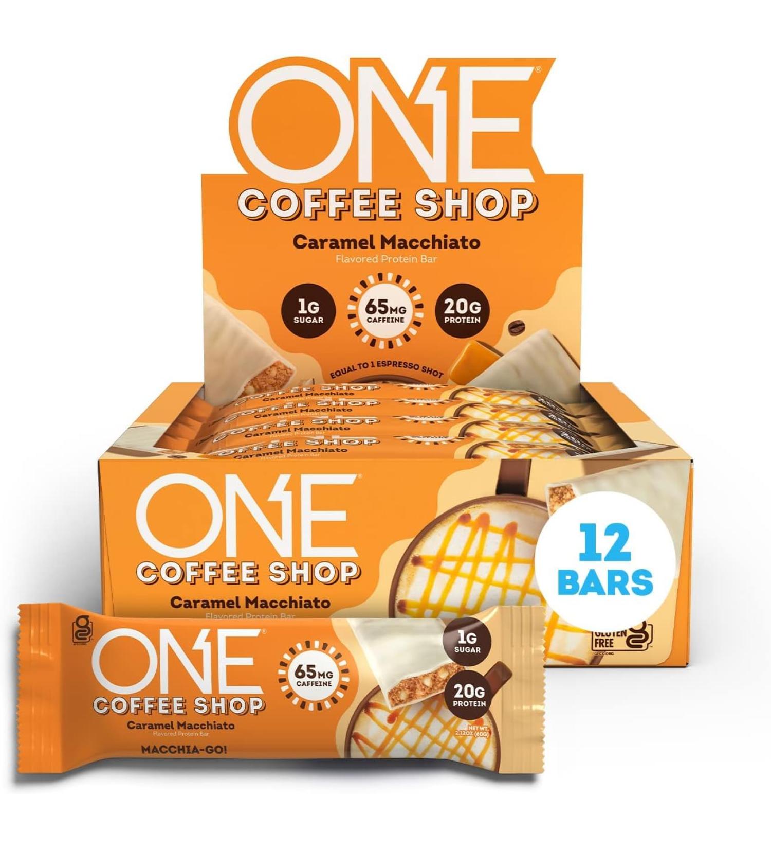 ONE Coffee Shop Caffeinated Protein Bars Caramel Macchiato Gluten Free with 20g Protein and 65mg of Caffeine Energy Pantry Staples 2.12 oz (12 Count) Packaging May Vary - Buy Online on GoSupps.com