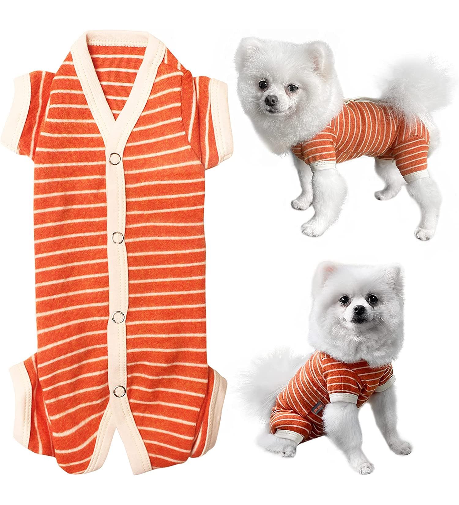 Shop Cozy XS Orange-White Strip Dog Pajamas - Soft Cotton 4-Leg Jumpsuit for Male & Female Pets - Buy Online on GoSupps.com