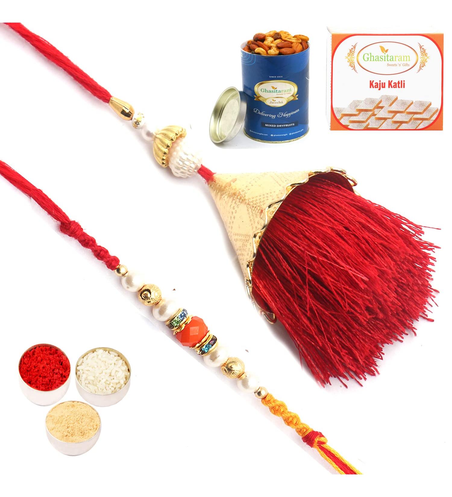 Ghasitaram Gifts Rakhis Online - Rakhi for Brother- Bong of Blessings Bhaiya Bhabhi Rakhi with 100 GMS of Dryfruits Mix Can 200 GMS of Kaju katli Rakhi Set & 100g Dryfruits Mix Can 200g Kaju katli - Buy Online on GoSupps.com