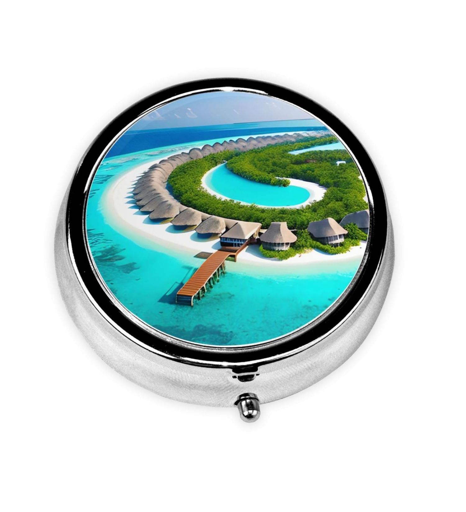 Maldives Scenery Round Pill Box | 3 Compartment Travel Organizer | Portable Pill Box for International Shipping - Buy Online on GoSupps.com