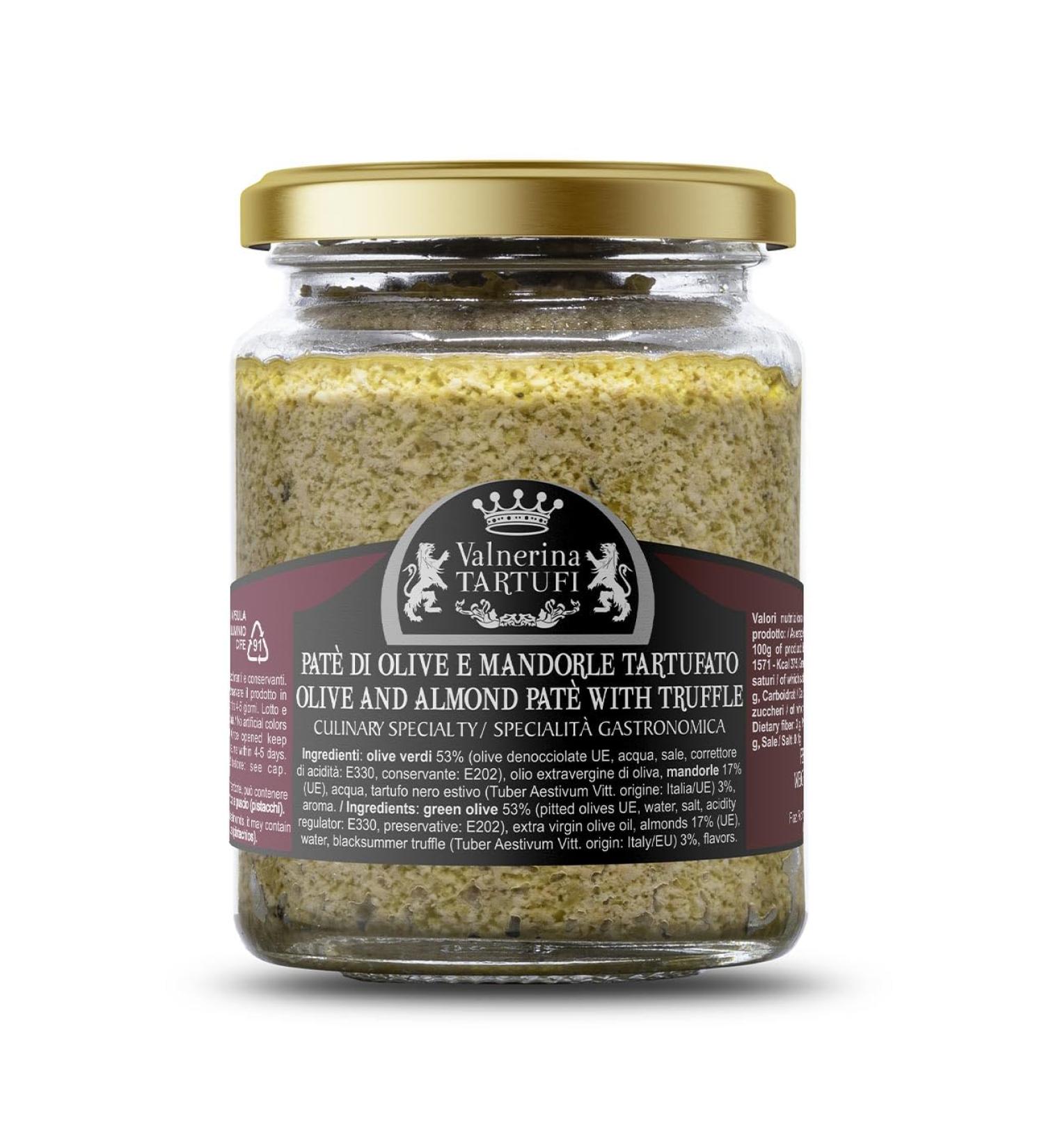 Valnerina Tartufi Truffle Pat di Olives et Almonds | Bruschette and Starter Sauce Ready Suce for Pasta with Summer Black Truffle | Gastronomic Specialty | 90 gr jar.