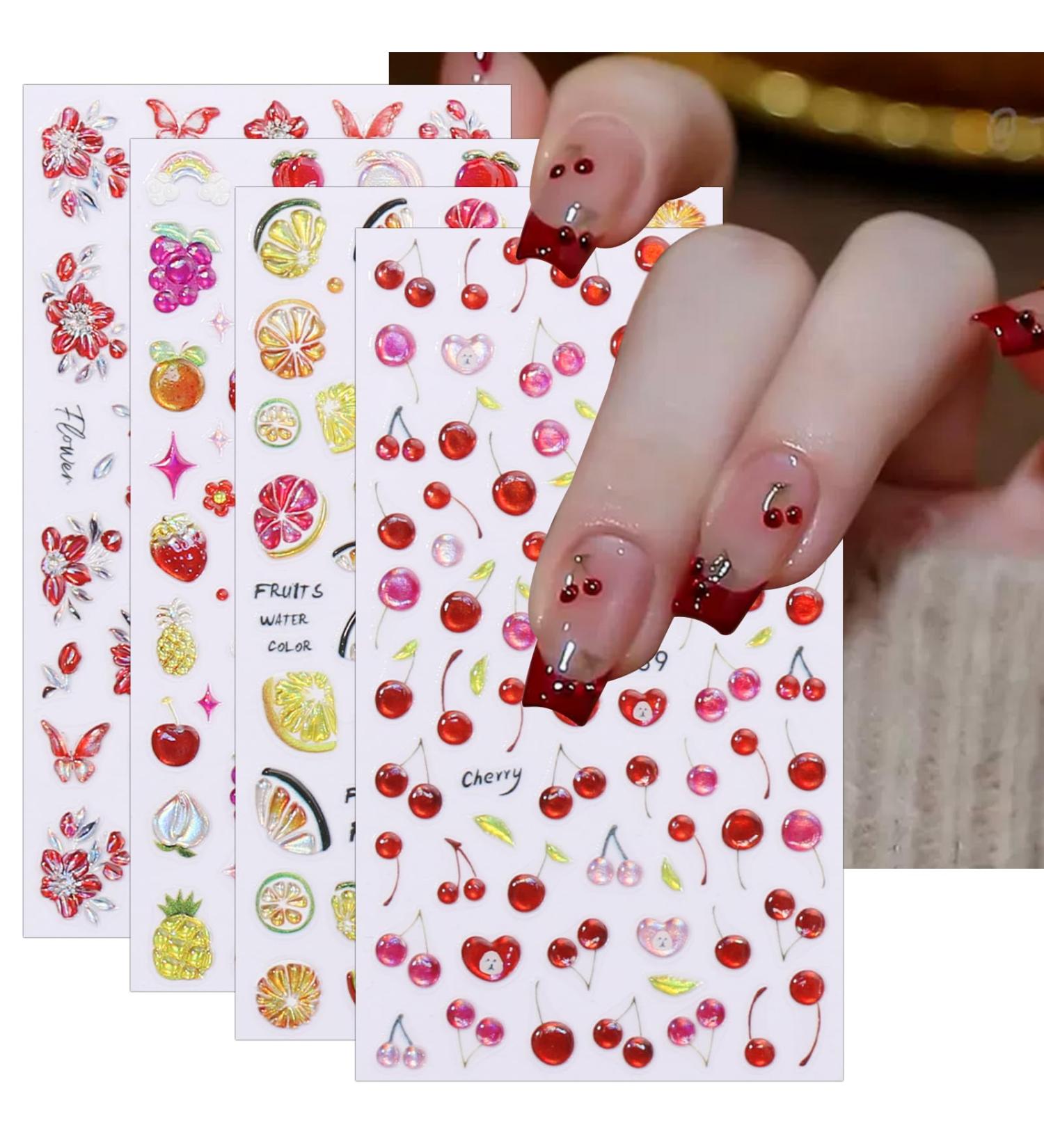 JMEOWIO 3D Embossed Cherry Lemon Nail Art Stickers - Self-Adhesive 5D Decals for Spring Summer - Colorful Nail Supplies & Accessories (4 Sheets - Buy Online on GoSupps.com