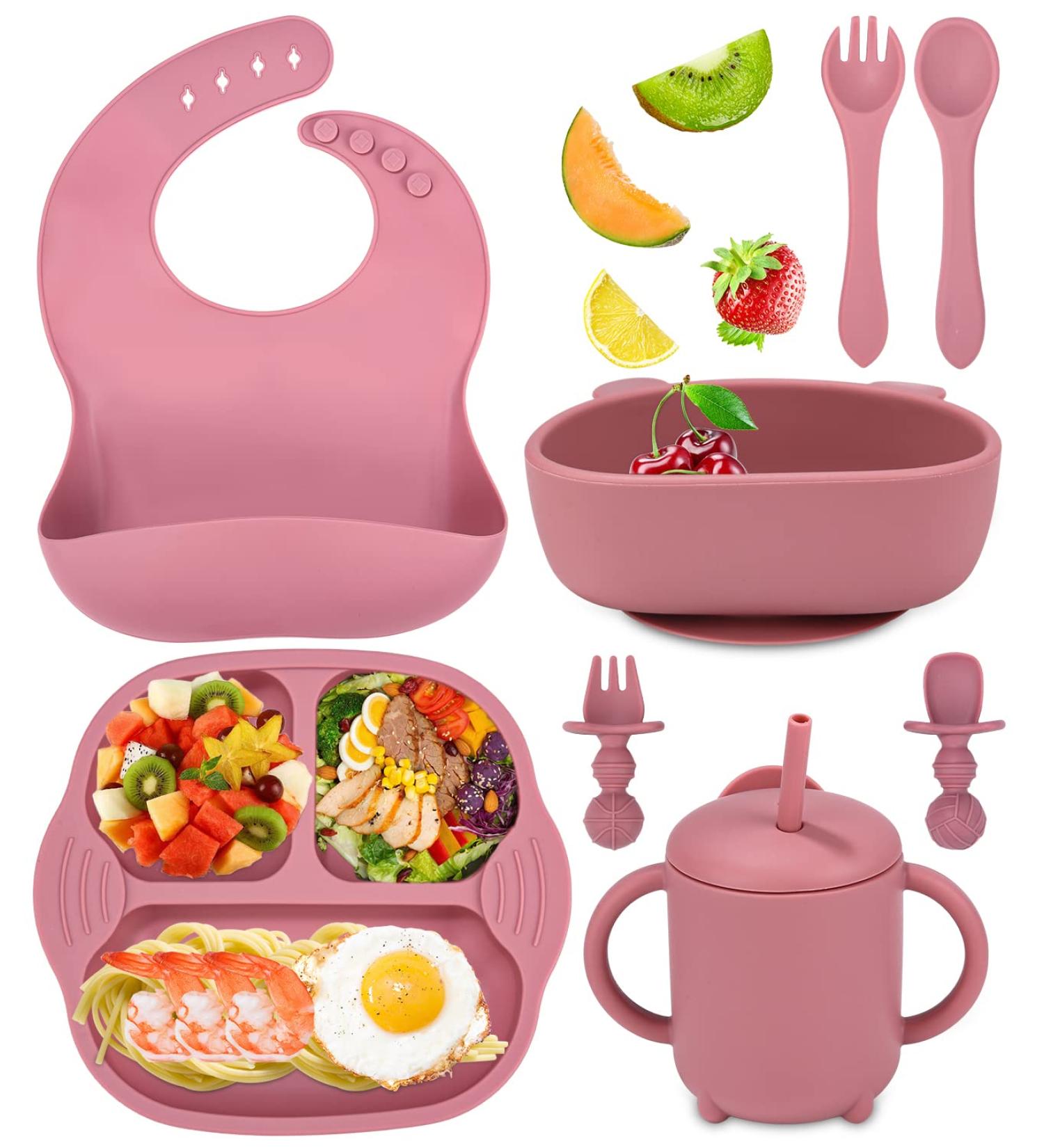 Jissta 8-Part Children's Dish Set - BPA-Free Silicone Plates Suction Cup Baby Plates Bowls & Cups - Pink - Buy Online on GoSupps.com