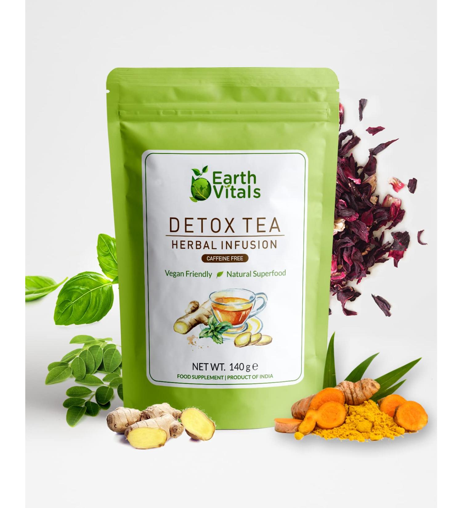 Earth Vitals Detox Tea: Herbal Infusion with Traditional Ayurvedic Herbs | Raw Superfood - Buy Online on GoSupps.com