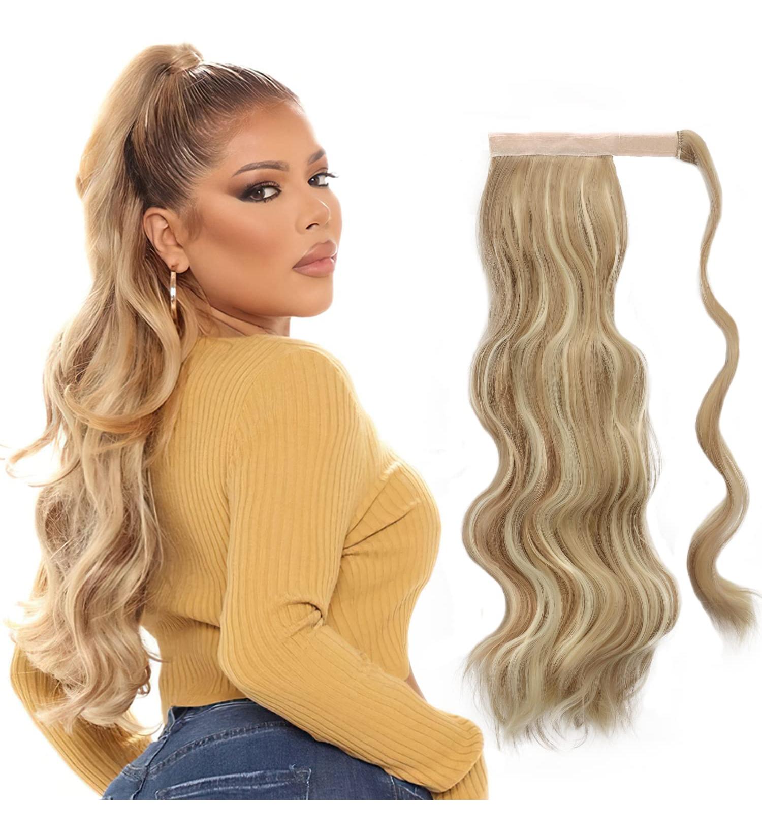 FESHFEN Long Wavy Ponytail Extensions 60cm - Light Ash Brown & Bleach Blonde | Clip-in Synthetic Hairpiece for Women and Girls - Buy Online on GoSupps.com