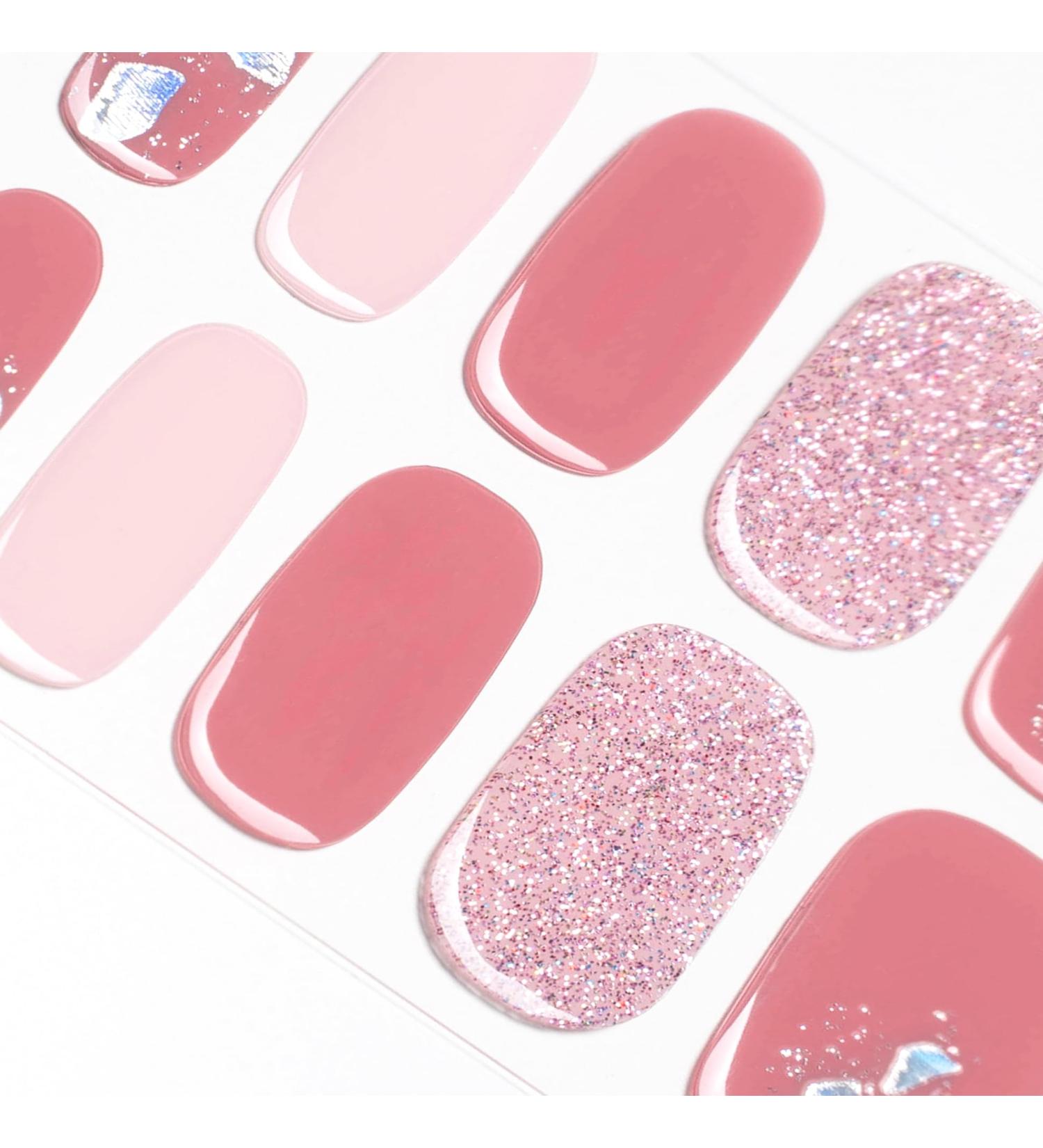 Danni & Toni Half Hardened Gel Nail Foils - Pink Sands Glitter Glossy Nail Set | Self-Adhesive UV Gel Nail Wraps - 28 Stickers - Buy Online on GoSupps.com