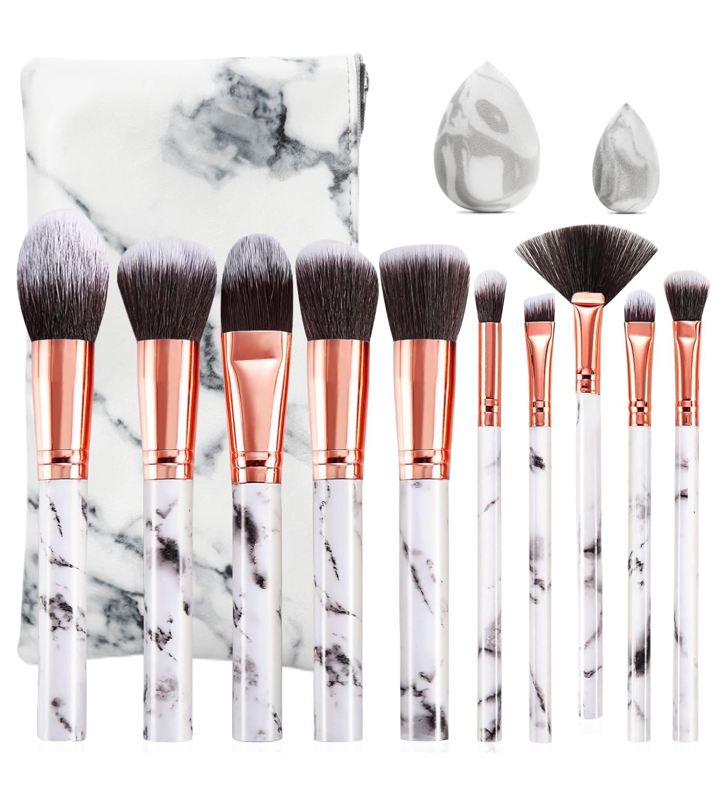 HEYMKGO Make Up Brushes 10 Piece Brush Set Makeup with Makeup Sponge and PU Leather Brush Bag Makeup Brush Set Kabuki Makeup Brushes Foundation Blending Cosmetic Brush Makeup Kit (Marble White) - Buy Online on GoSupps.com