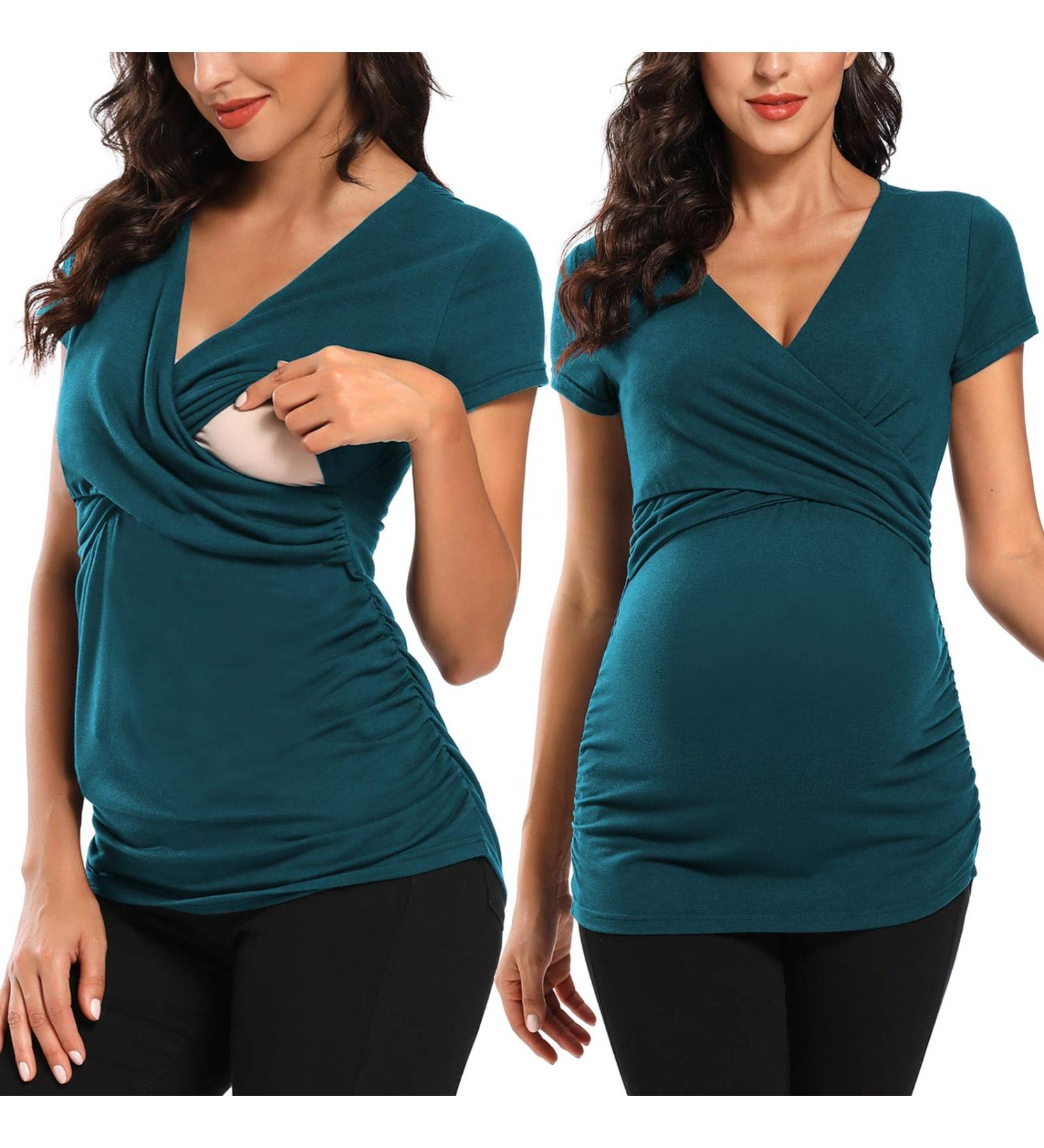 Love2Mi Maternity Nursing Shirt - Short Sleeve V-Neck Breastfeeding T-Shirt - Peacock - Size M - Buy Online on GoSupps.com