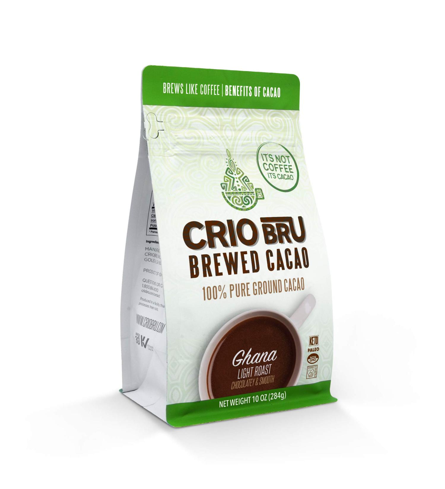 Crio Bru Brewed Cacao: Ghana Light Roast (Cavalla) 284g (10oz) Bag | 100% Pure Ground Cacao | Great Substitute to Herbal Tea and Coffee | Honest Energy | Keto Whole 30 Paleo Organic Non-GMO Kosher - Buy Online on GoSupps.com