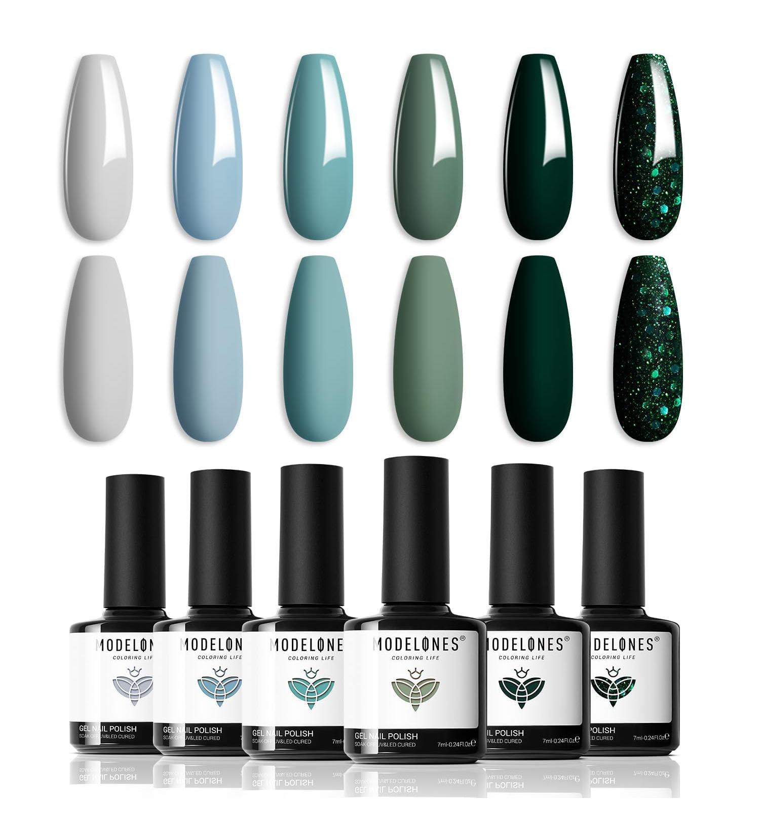 Modelones Blue Green Gel Nail Polish - 6 Colors Misty Gray Dark Green Glitter Gel Polish Kit Sage Green Baby Blue Nail Gel Polish Soak Off UV Gel Nail Lamp Gel Nail Kit DIY Home Nails Manicure Gifts - Buy Online on GoSupps.com