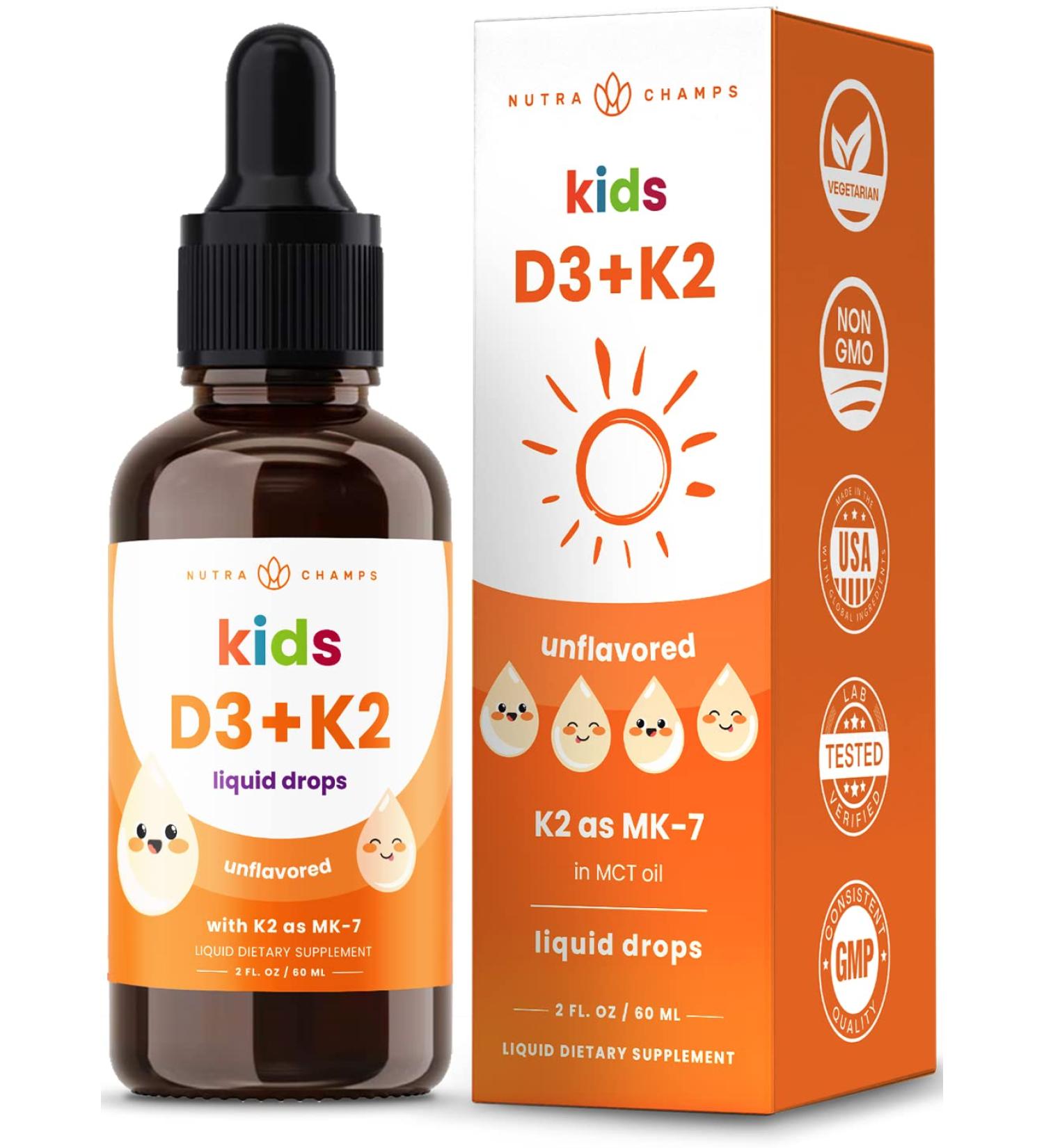 NutraChamps Kids Vitamin D 3 K2 Drops, Vitamin D3 & K2 MK-7, Liquid Vitamin D for Kids 1000 IU, Healthy Bones, Heart & Immune System, Sugar Free Supplement for Toddlers, 300 Servings 2 Fl Oz (Pack of 1) Kids Drops - Buy Online on GoSupps.com