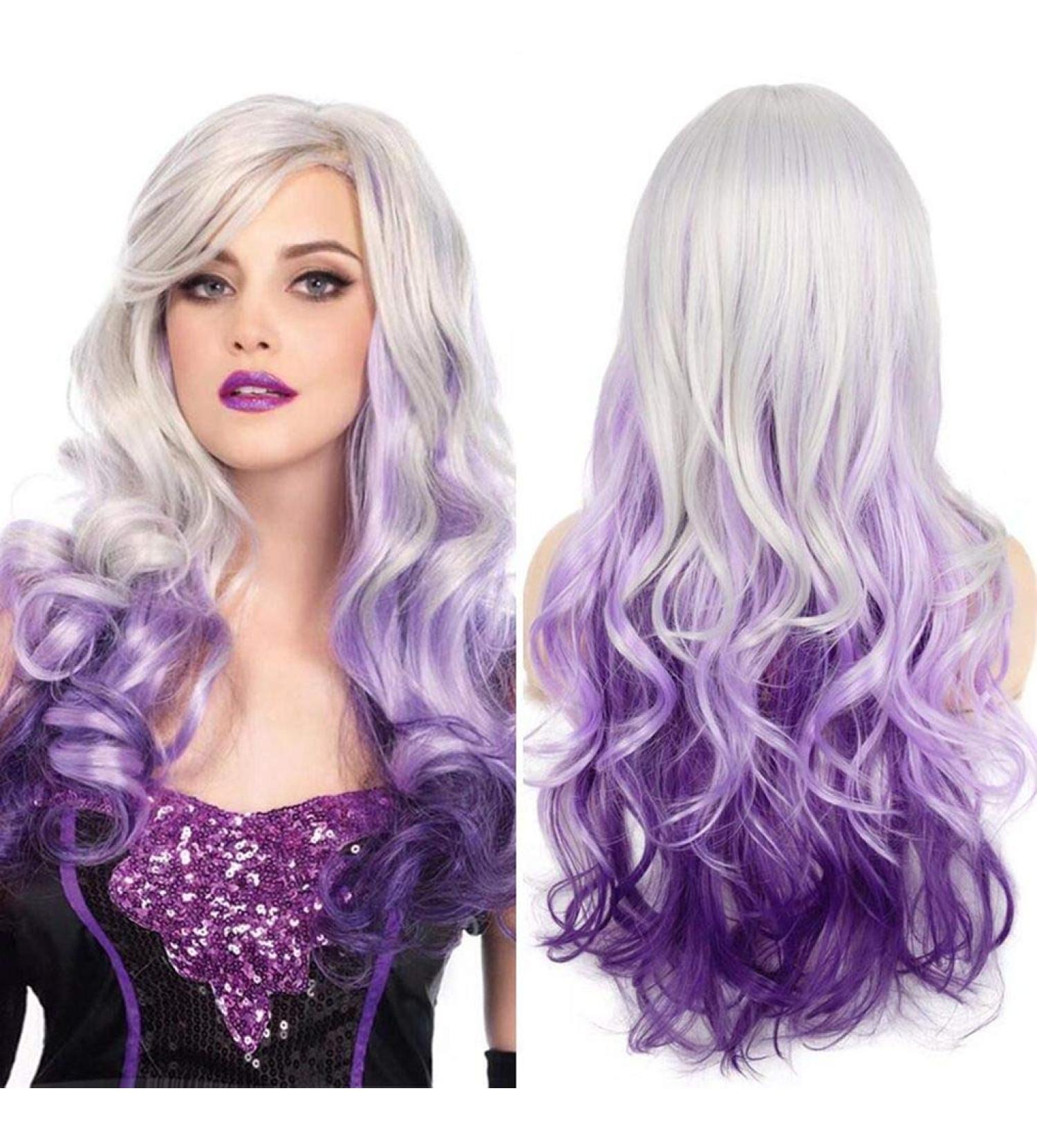 Beweig Long Curly Wavy Silver Grey to Purple Synthetic Cosplay Wig for Women - Buy Online on GoSupps.com