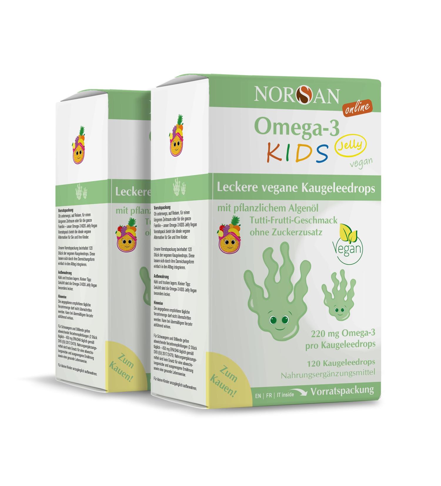 Norsan Omega 3 Vegan Kids Jelly 120 high (2x120 pieces)/Omega 3 vegan high dose 220mg per cheweleedrops/veganes omega 3 with EPA & DHA/OMEGA 3 kids with Tutti-frutti-taste 2x 120 pieces