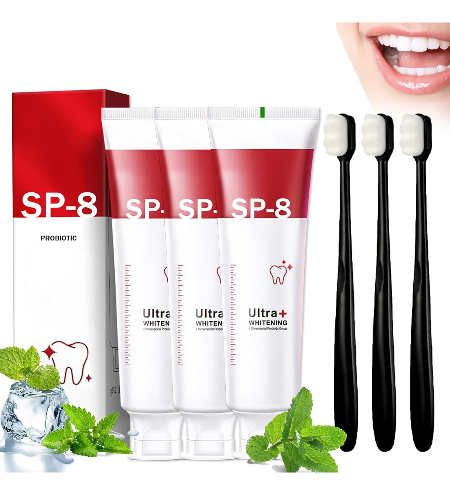 SP-8 Ultra Whitening Toothpaste - Probiotic Brightening & Deep Cleaning Care (3 Packs + 3 Brushes) - Shop Internationally - Buy Online on GoSupps.com