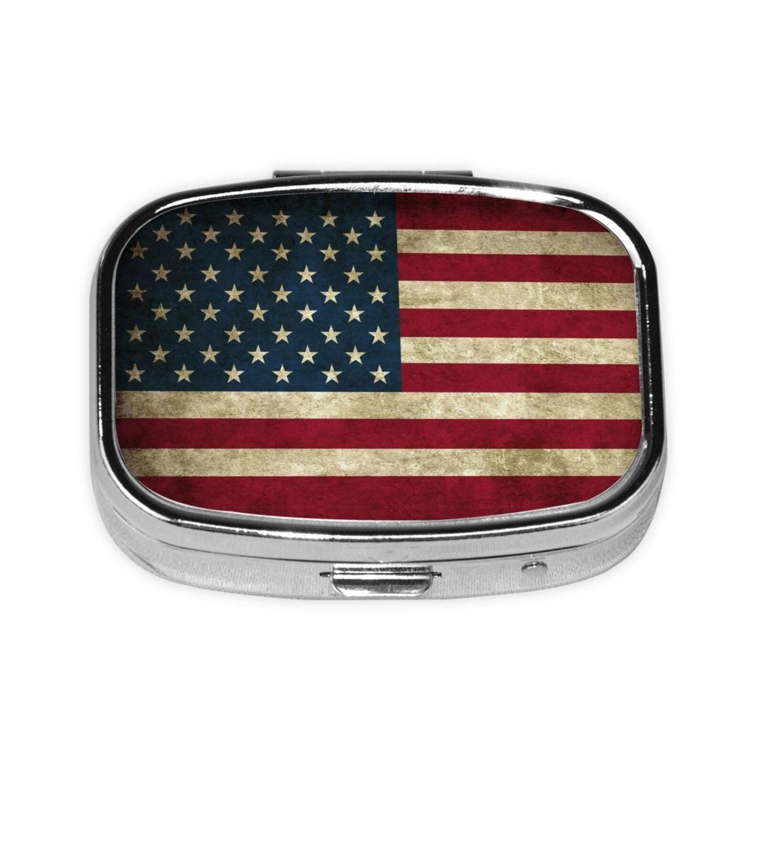 Rustic American Flag Pill Box - 2 Compartment Metal Storage Case for Vitamins & Medications | Portable Organizer for Pocket & Purse - Buy Online on GoSupps.com