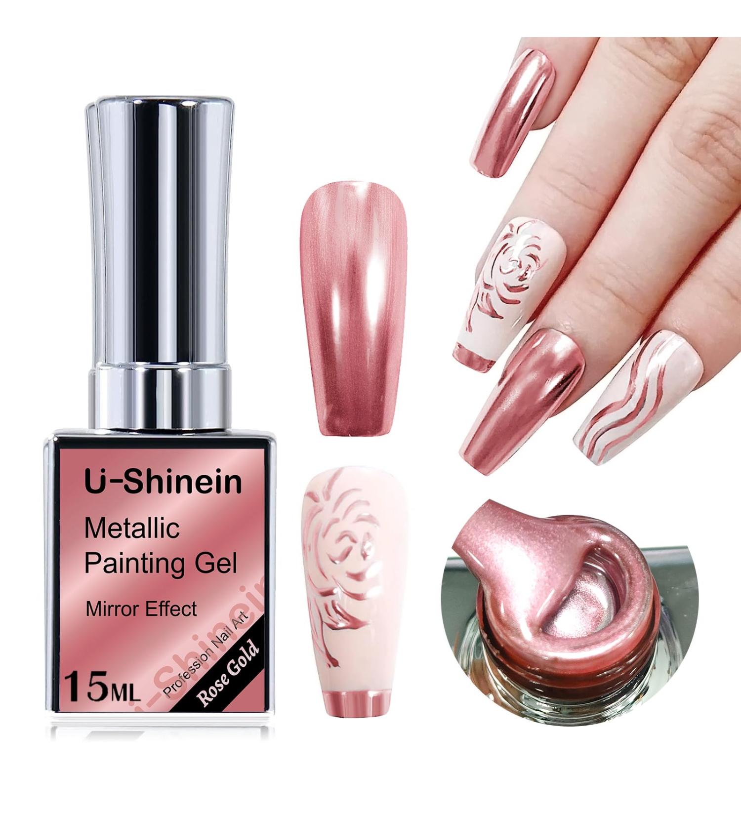 U-Shinein Metallic Painting Gel - Rose Golden 15ml 0.5oz | Nail Art Liner Kit with Strong Reflection | UV Nail Gel for Stunning Metallic Designs - Buy Online on GoSupps.com