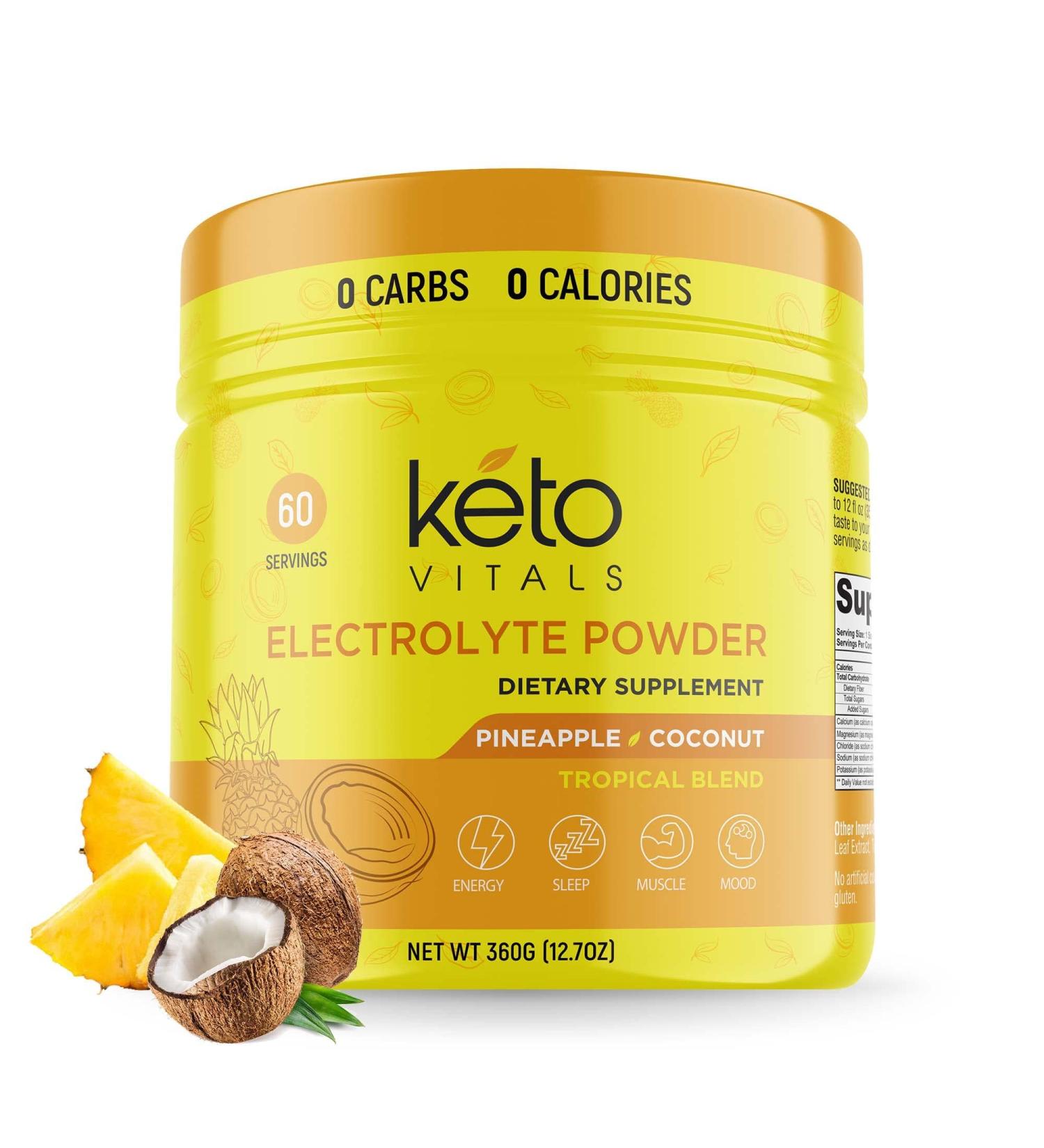 Keto Vitals Electrolytes Powder - Sugar Free Keto Electrolytes Powder with Potassium Magnesium Sodium & Calcium - No Sugar Electrolyte Drink Mix & Hydration Powder 60 Servings Pineapple Coconut - Buy Online on GoSupps.com