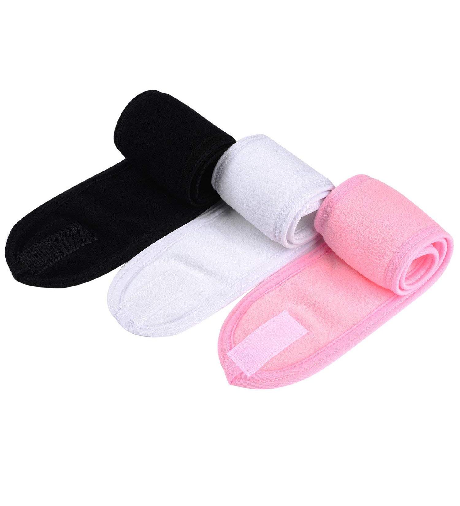 Queta Adjustable Terry Cloth Hair Band for Makeup - 3 Pack (Black White Pink) | Cosmetic Headband with Velcro Fastener - Buy Online on GoSupps.com