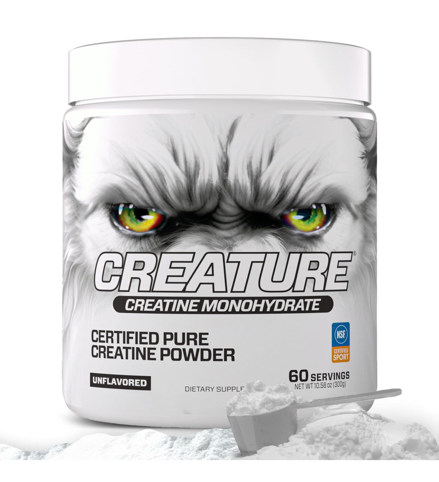CREATURE Creatine Monohydrate NSF Certified for Sport Tested for 288+ Banned Substances Pure Micronized Powder for Muscle Strength Recovery & Brain Support Unflavored 300G 60 Servings - Buy Online on GoSupps.com