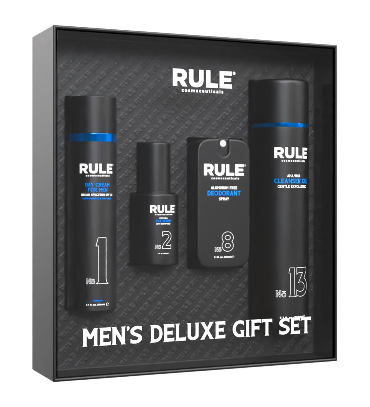 RULE COSMECEUTICALS - Men's Deluxe Gift Set No.1 Men's Face Cream No.8 Deodorant Spray No.13 Cleanser Gel No.2 Eye Serum Eye & Skin Care Set - Buy Online on GoSupps.com