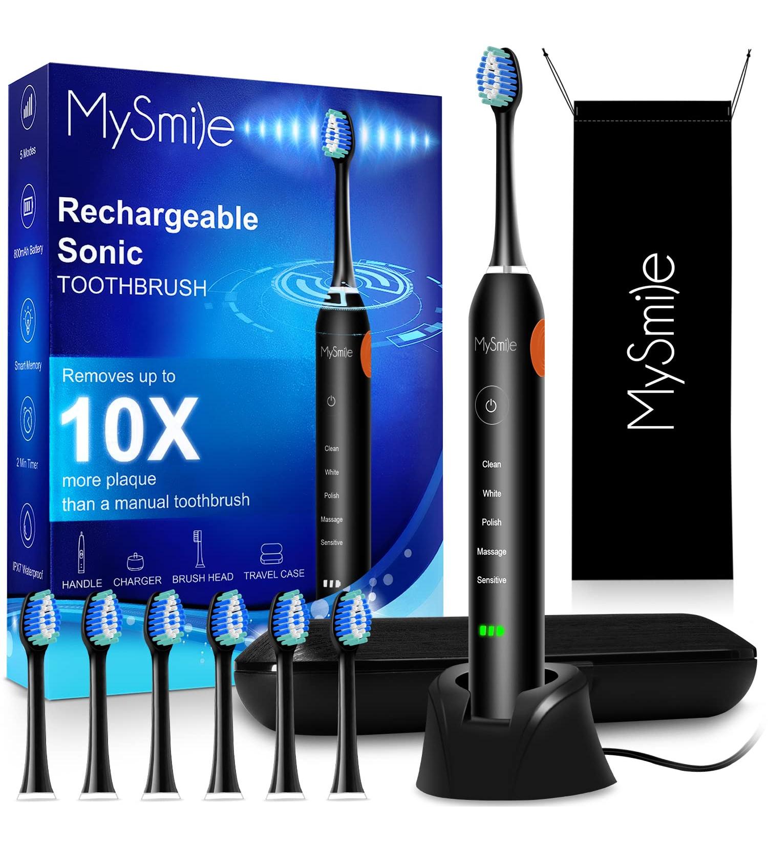 MySmile Sonic Electric Toothbrush for Adults - Rechargeable 6 Brush Heads Travel Case 5 Modes 2-Minute Smart Timer 48000VPM - Powerful Black Tooth care - Buy Online on GoSupps.com