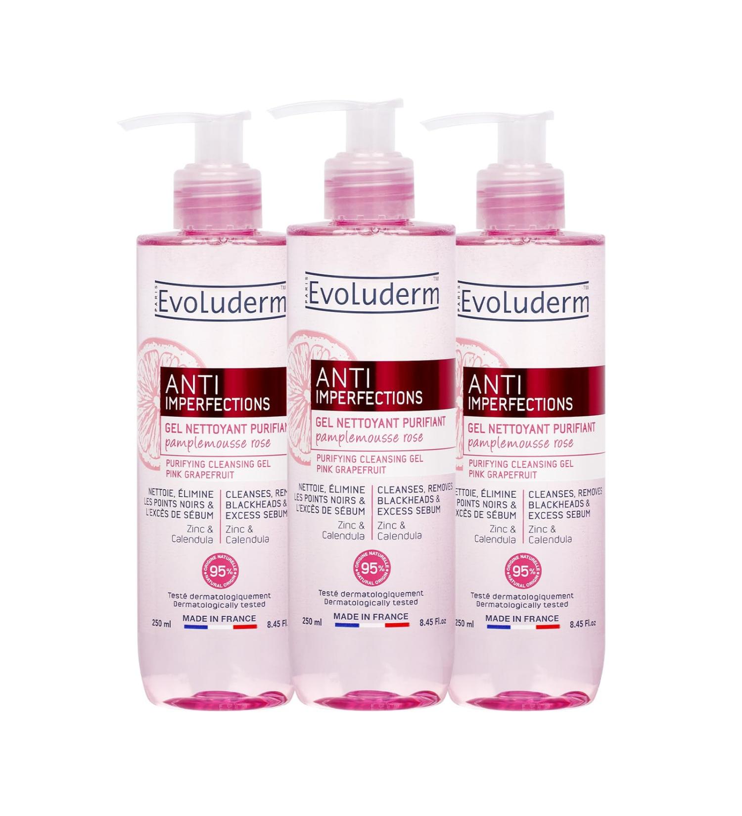  Evoluderm EVOLUDERM Purifying Anti-Blemish Cleansing Gel - 250 ml - 95% Natural Origin - Vegan - Made in France - Pack of 3 x 250 ml - Buy Online on GoSupps.com