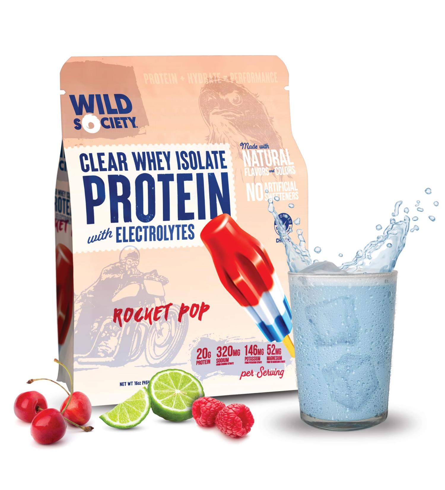 WILD SOCIETY Premium Clear Whey Protein + Electrolytes - 20g Protein 0 Sugar GMO-Free Rocket Pop 16 oz - Buy Internationally Now - Buy Online on GoSupps.com