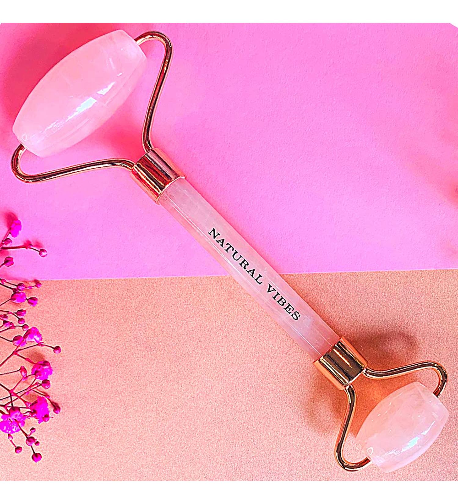 Natural Vibes Rose Quartz Roller & Massager for Face & Neck | FREE Gold Beauty Elixir Oil | International Shipping Available - Buy Online on GoSupps.com
