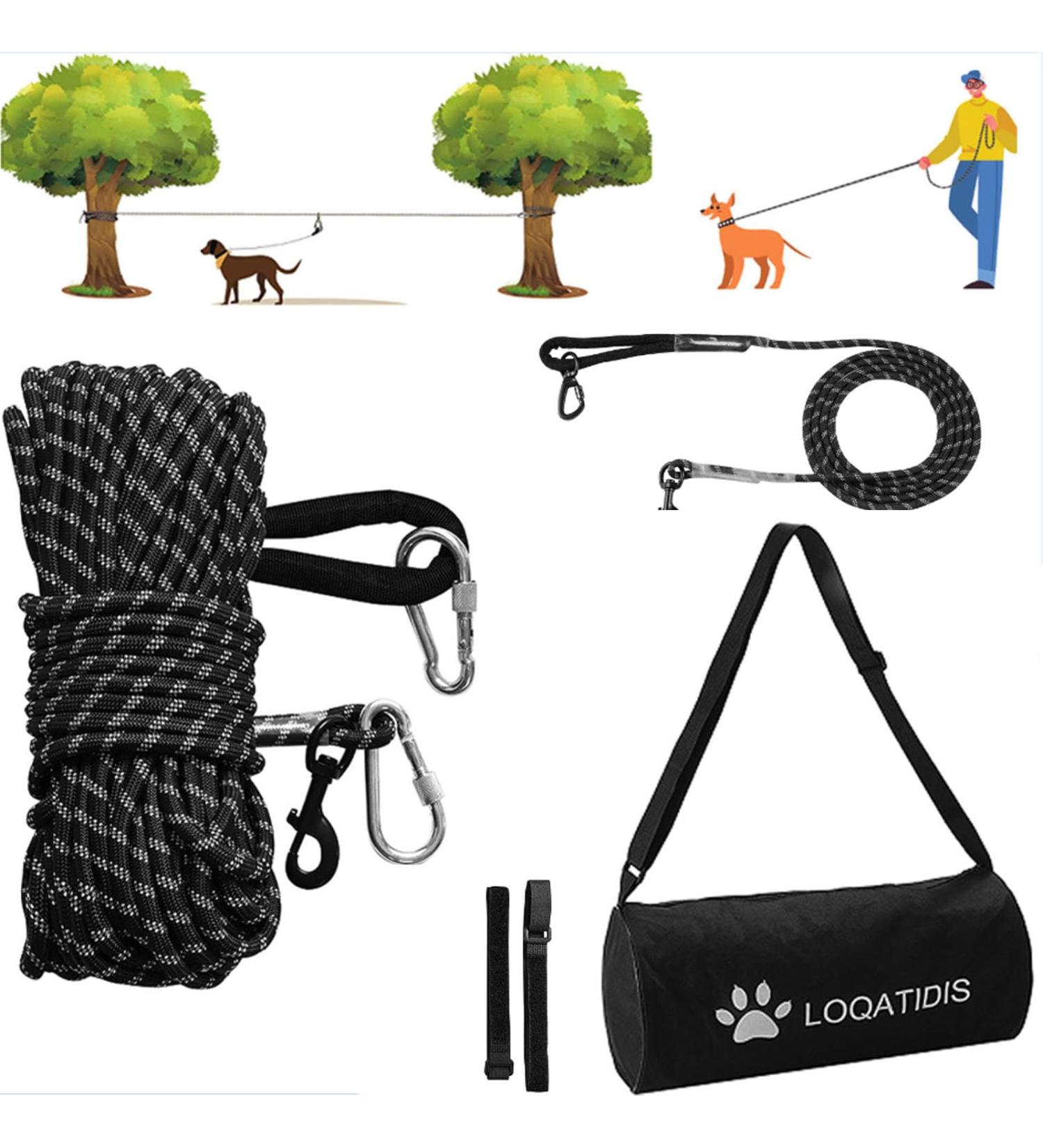 Loqatidis 3-in-1 Dog Leash 50/100ft Portable Overhead Trolley System | Reflective Training Rope for Camping Parks & Hiking | Durable 15m + 3m Black Rope - Buy Online on GoSupps.com