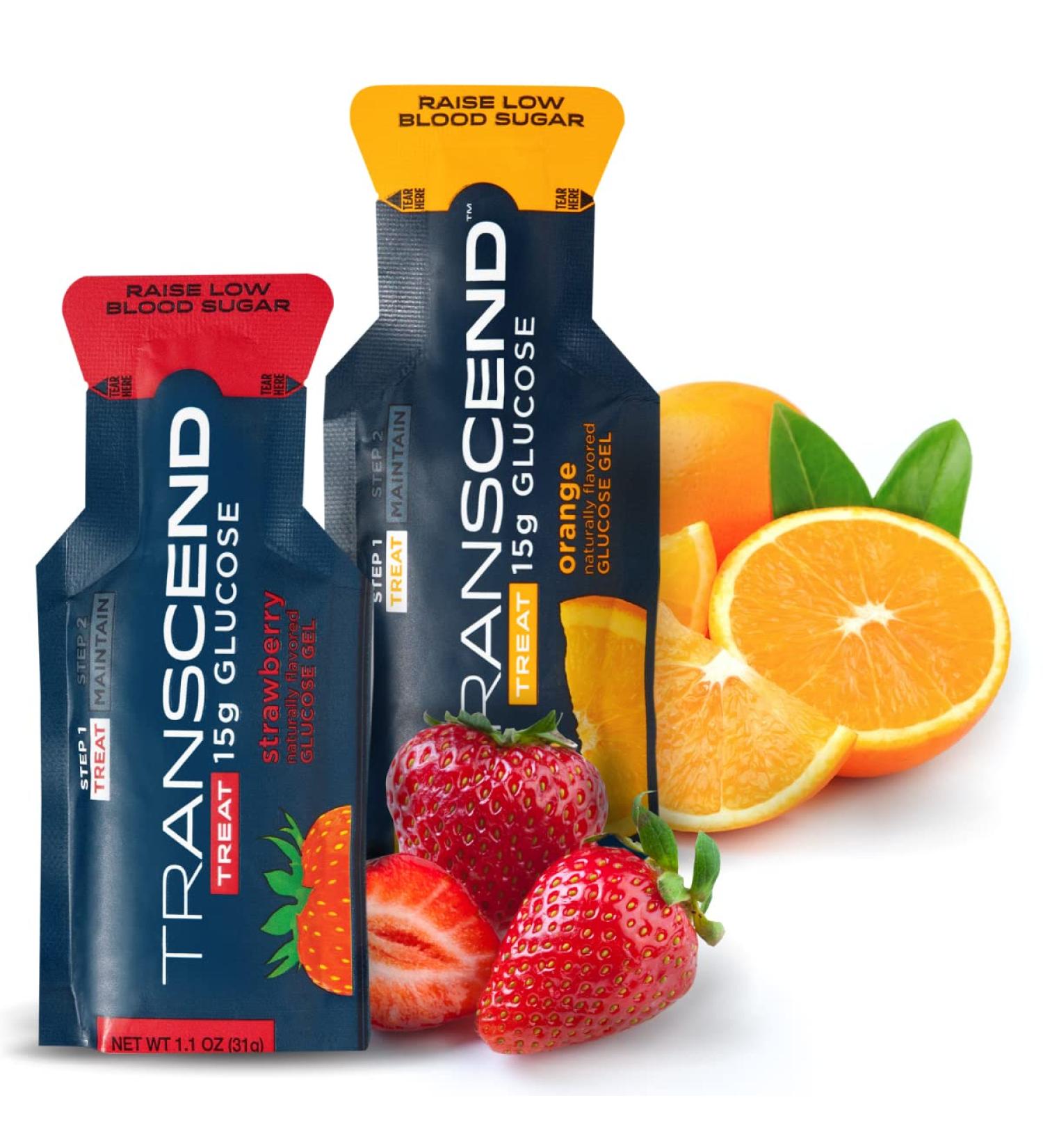 Transcend Glucose Gel Packs - Strawberry & Orange 50 Pack - FSA/HSA Eligible - Made in USA - 15g Dose - Diabetic Blood Sugar Support - Buy Online on GoSupps.com