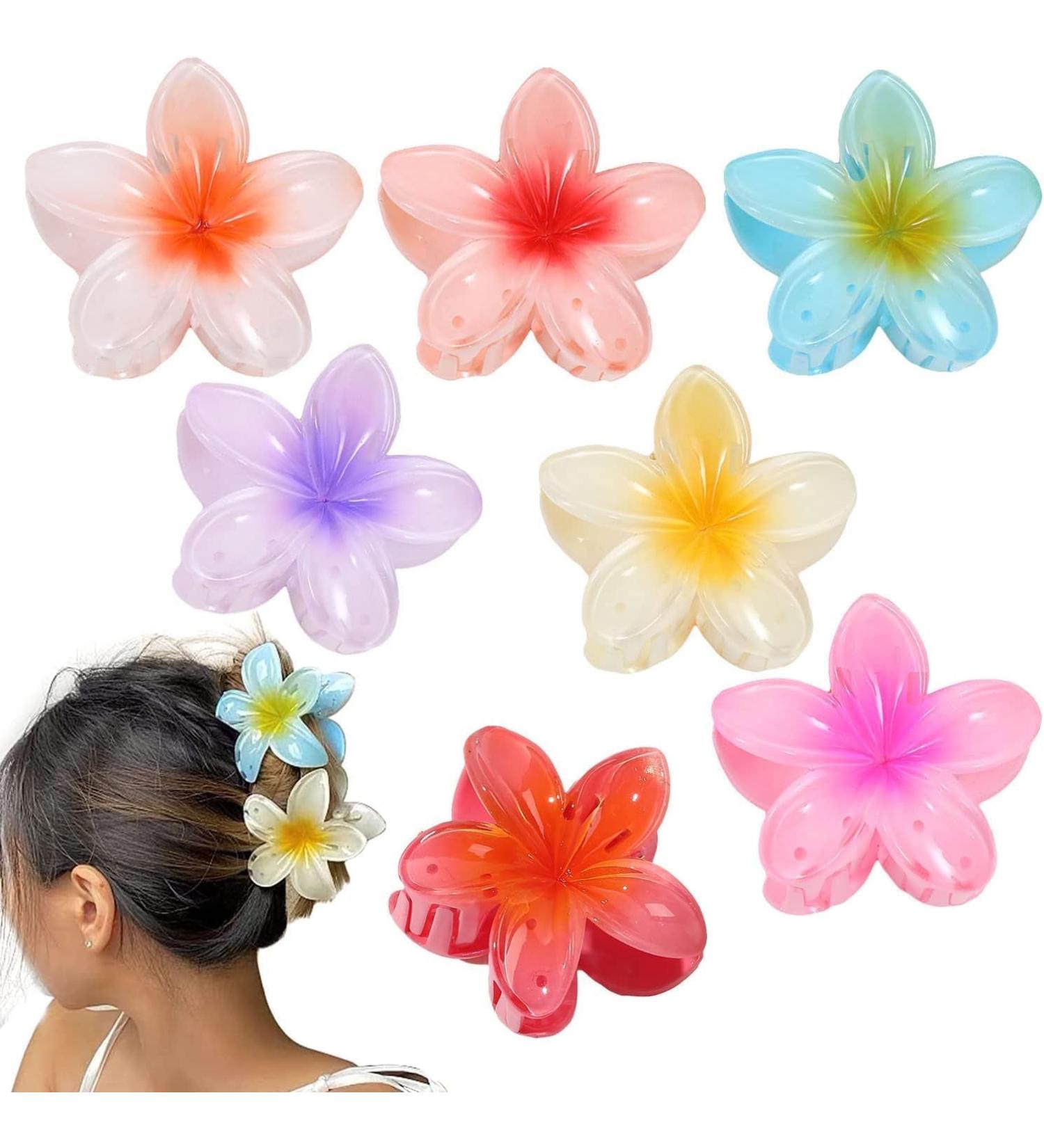 Plumeria Flower Hair Claw Clips - 7Pcs Slipproof Plastic Hairpins | Trendy Hawaiian Accessories for Weddings & Beach Parties - Buy Online on GoSupps.com