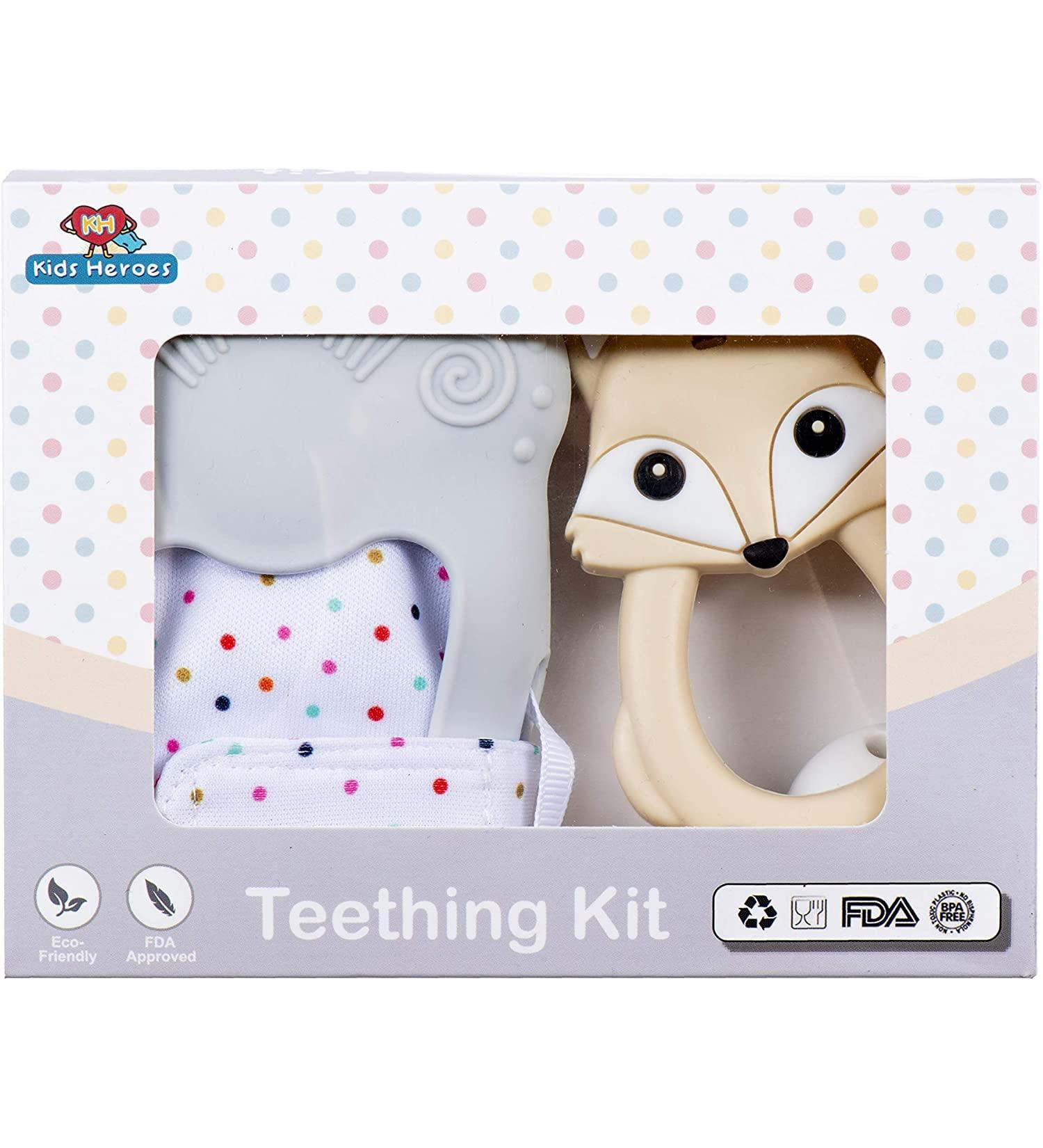 Kids Heroes Fox Teething Toy & Mitten Teether Set for Baby Boys | Soothes Sore Gums | Teething Pacifier Clip | Grey | 3-Pack - Buy Online on GoSupps.com