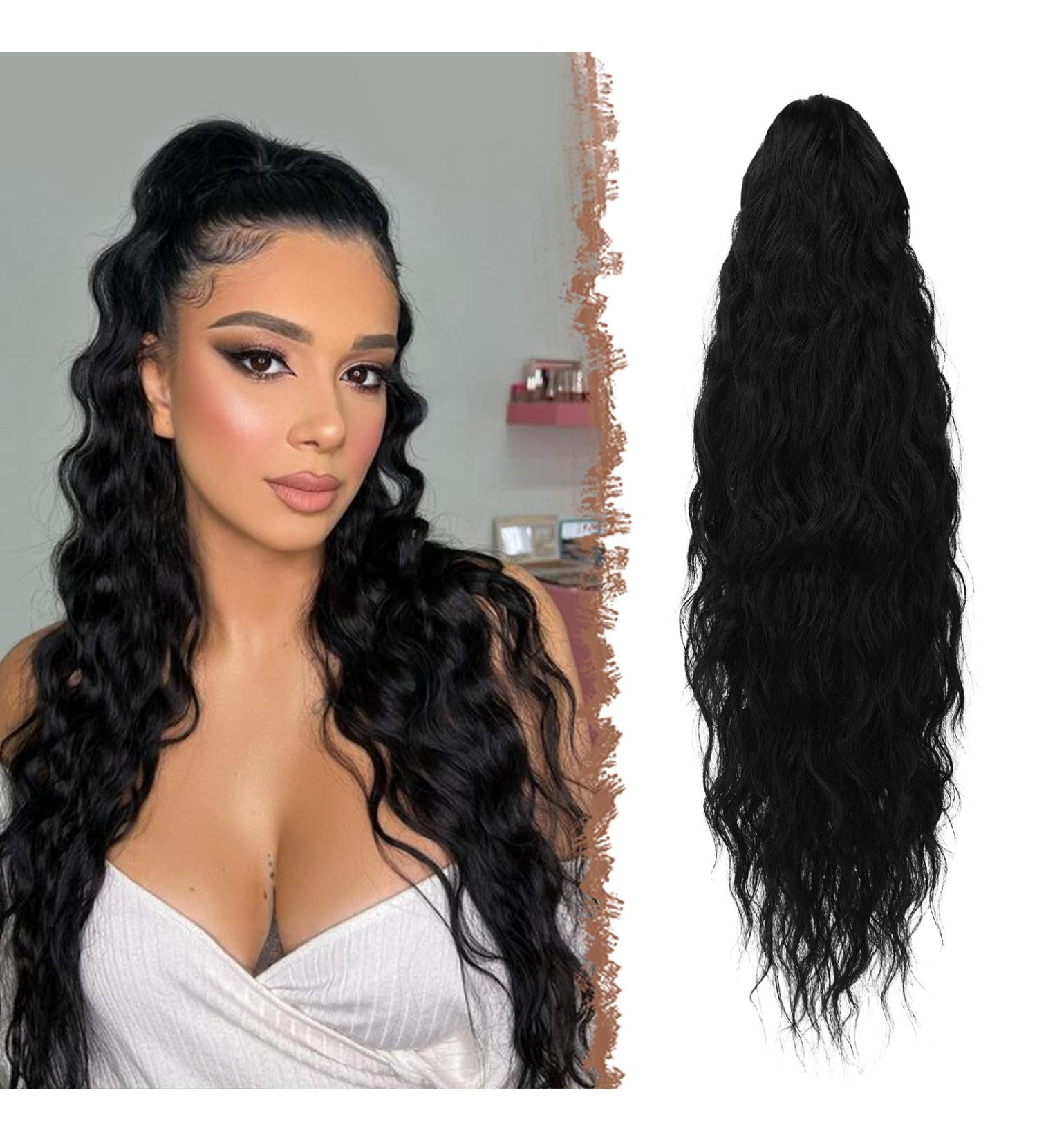 Fine Long Braid Ponytail Hair Extension - 65cm Black Synthetic Curly Clip-In for Women - Buy Online on GoSupps.com