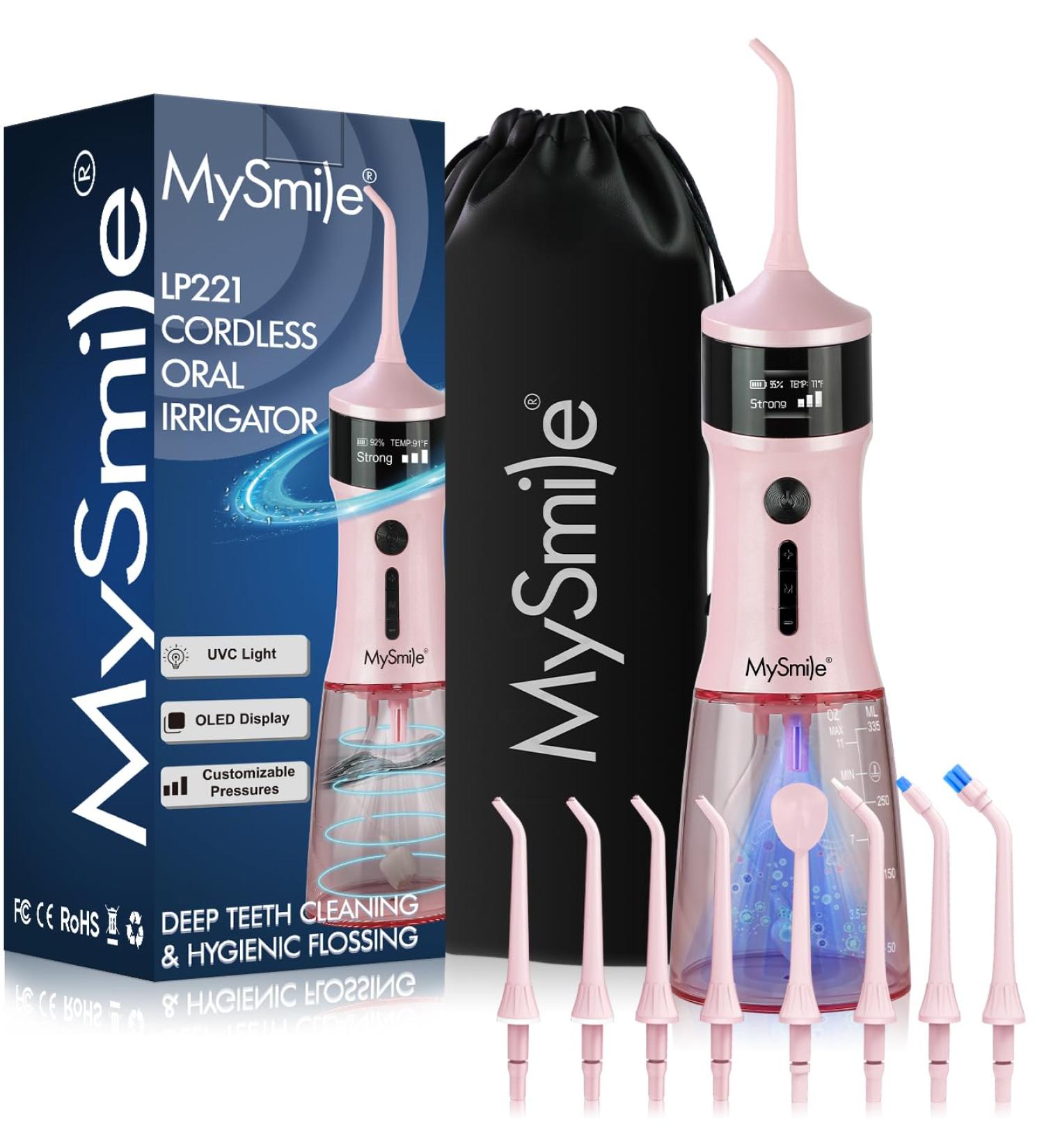 MySmile LP221 Cordless UVC Sterilizable Teeth Water Flosser - 335ml Portable with OLED Display 4 Modes 8 Tips & Storage Bag - Ideal for Home & Travel - Buy Online on GoSupps.com